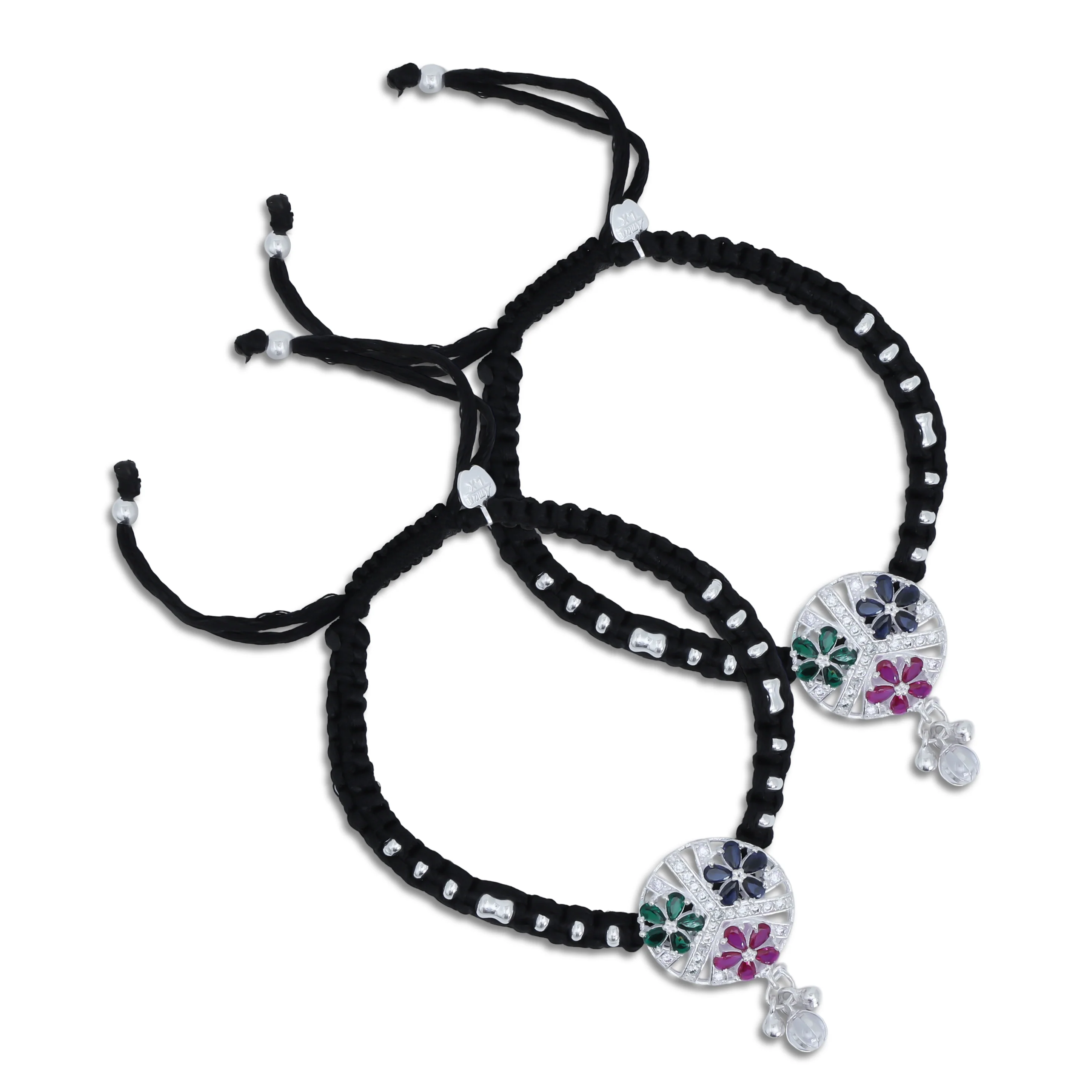 Multicolor Stones Flower Design Silver Dhaga Payal - Image 2