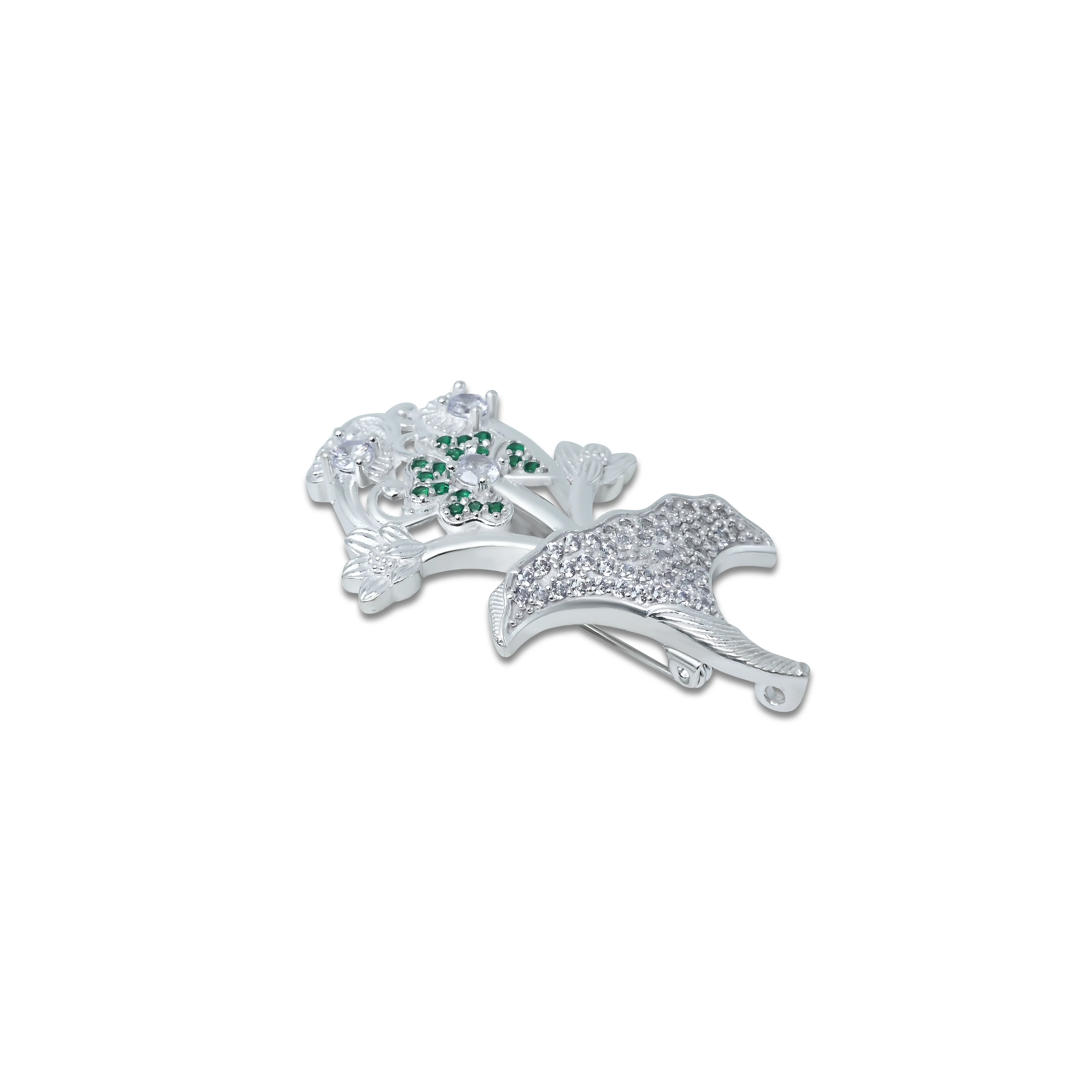 Multiple Green Stone Floral Silver Saree Pin - Image 3