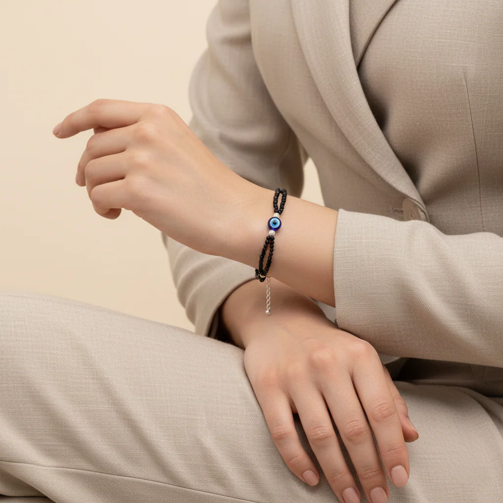 Nazar Suraksha Black Bead Evil Eye Silver Bracelet - Image 3