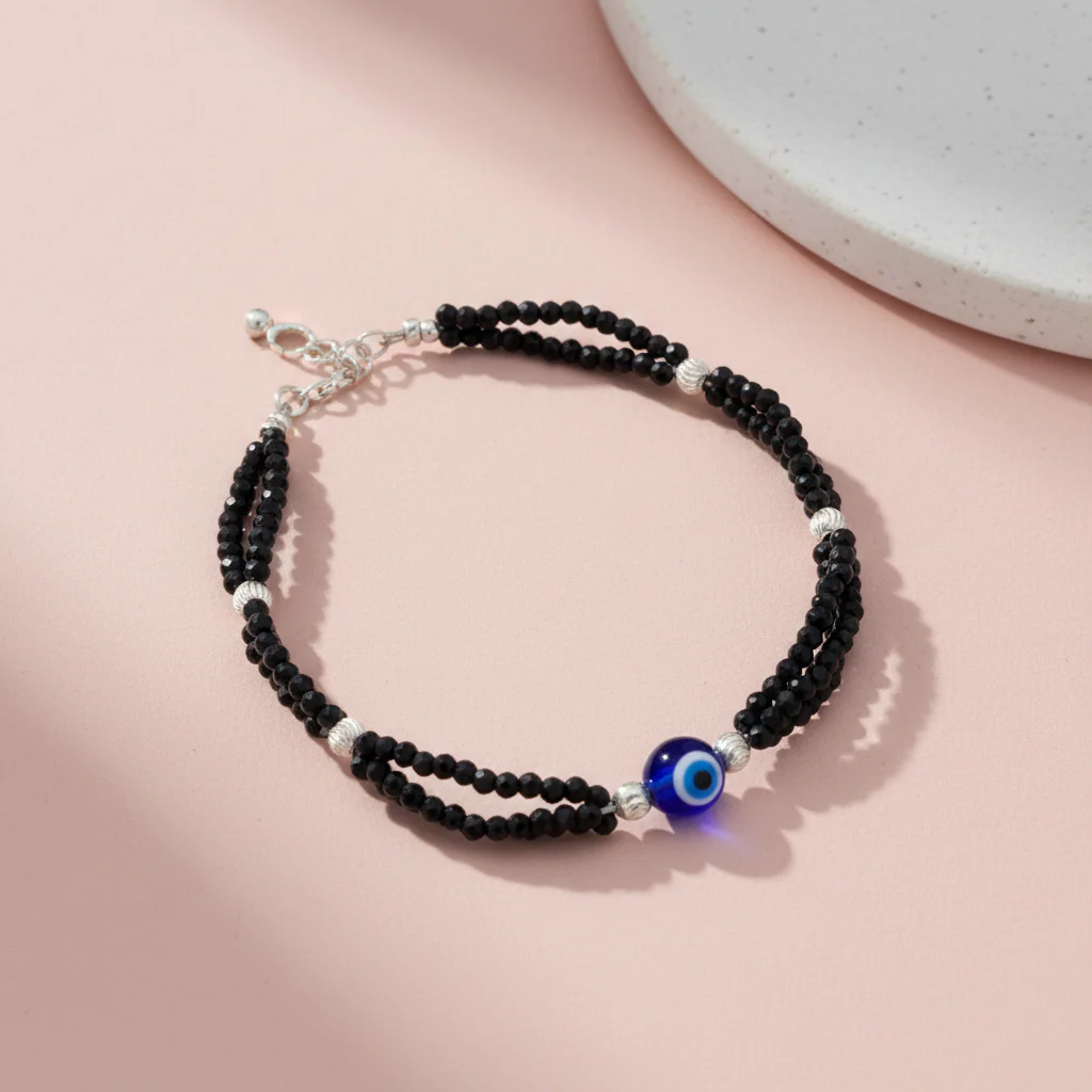 Nazar Suraksha Black Bead Evil Eye Silver Bracelet - Image 4