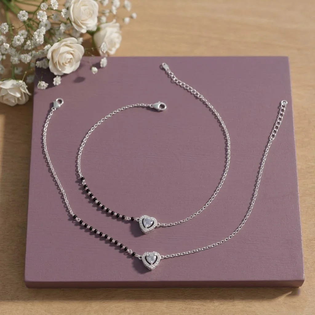 Black Bead Heart Silver Anklet Set - Image 2