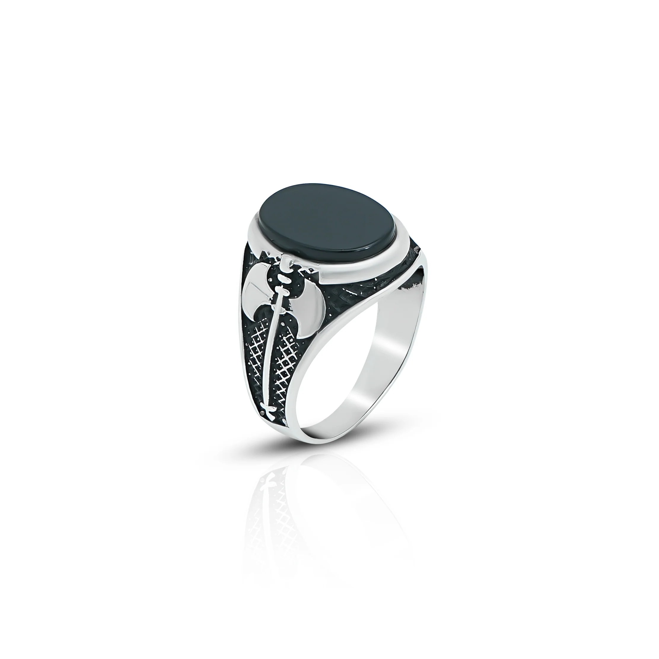 Oval Shape Black Stone Silver Ring with Axe Design - Image 3