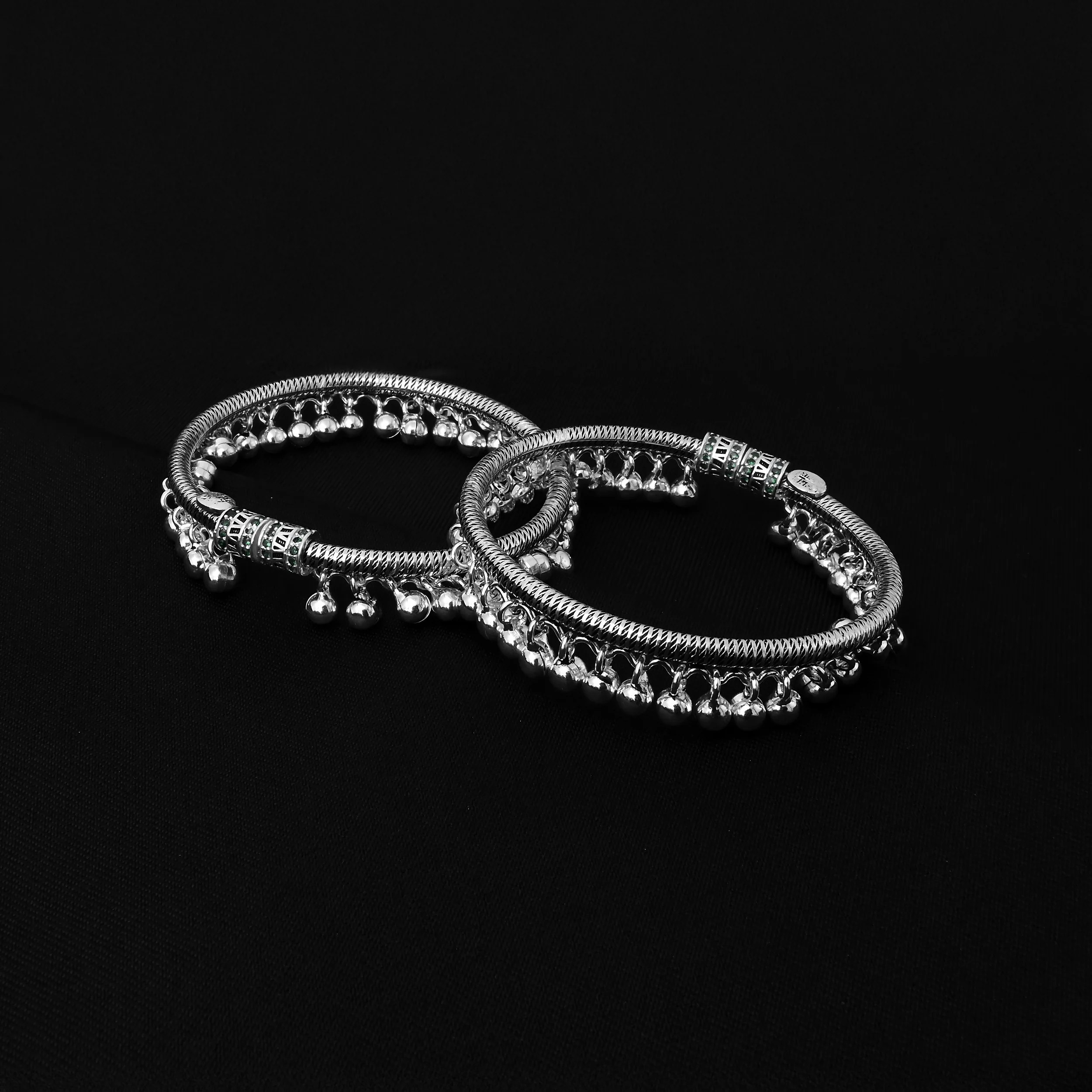 Oxidised Silver Kada Payal with Green Stones and Ghungroo - Image 3