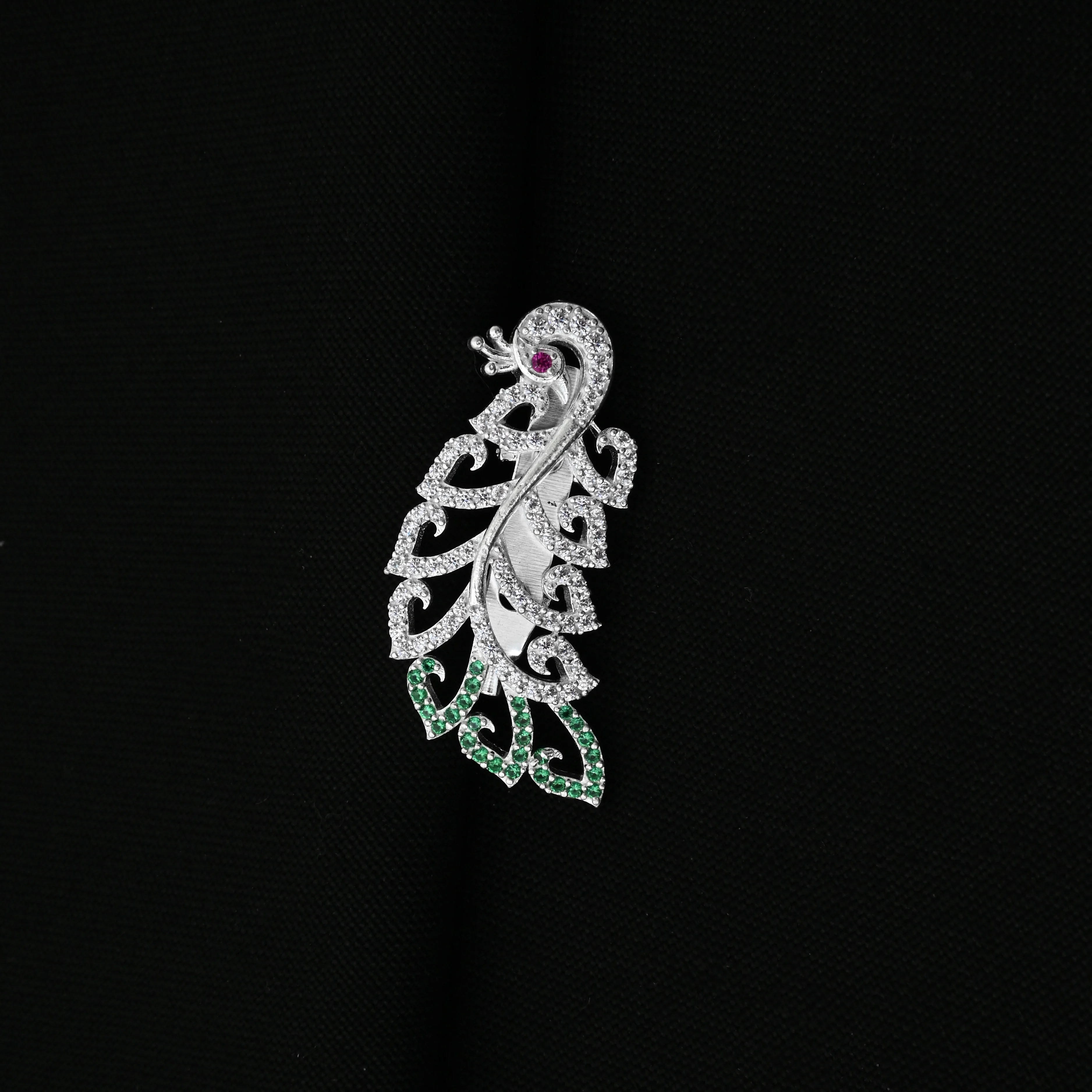 Peacock Design Sari Pin with Pink Eye and Green Tail Stones. - Image 2