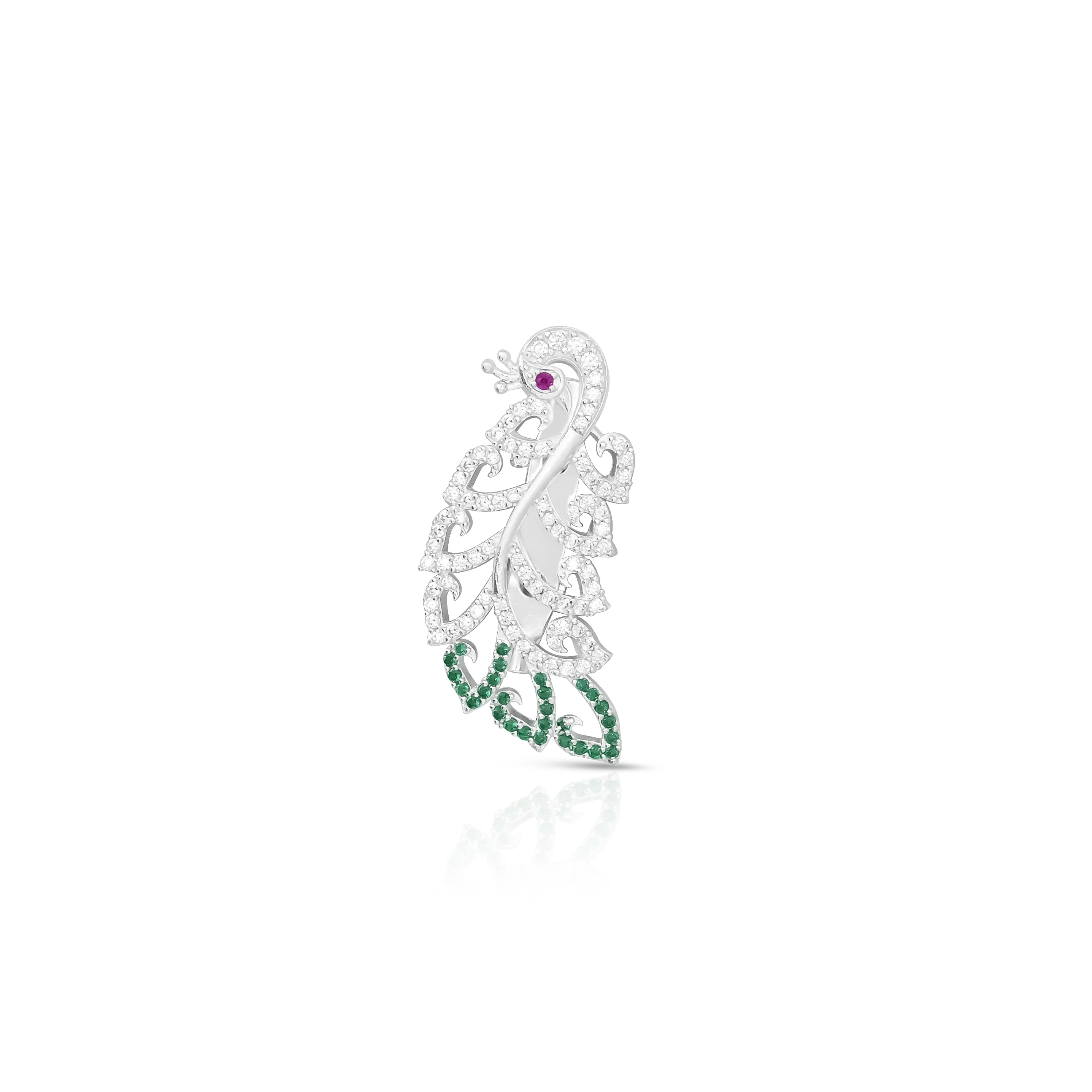 Peacock Design Sari Pin with Pink Eye and Green Tail Stones. - Image 3