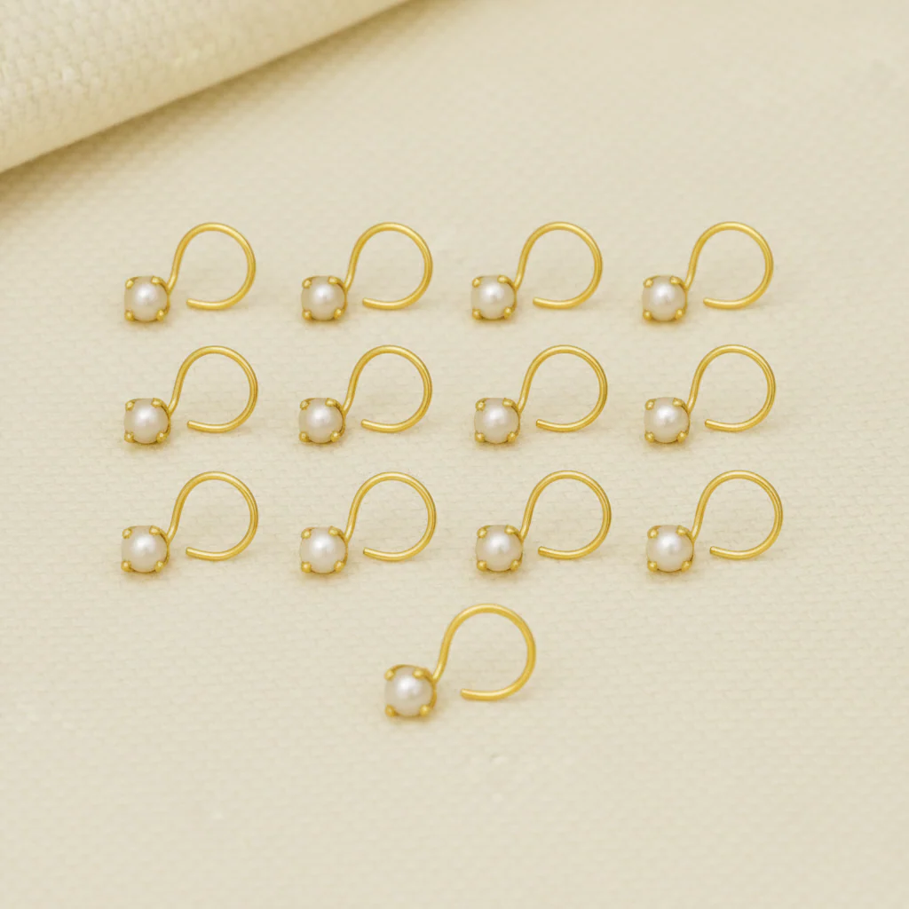 (13 Pcs ₹1699 combo) Pearl Glow Gold Polish Silver Nose Pin - Image 8