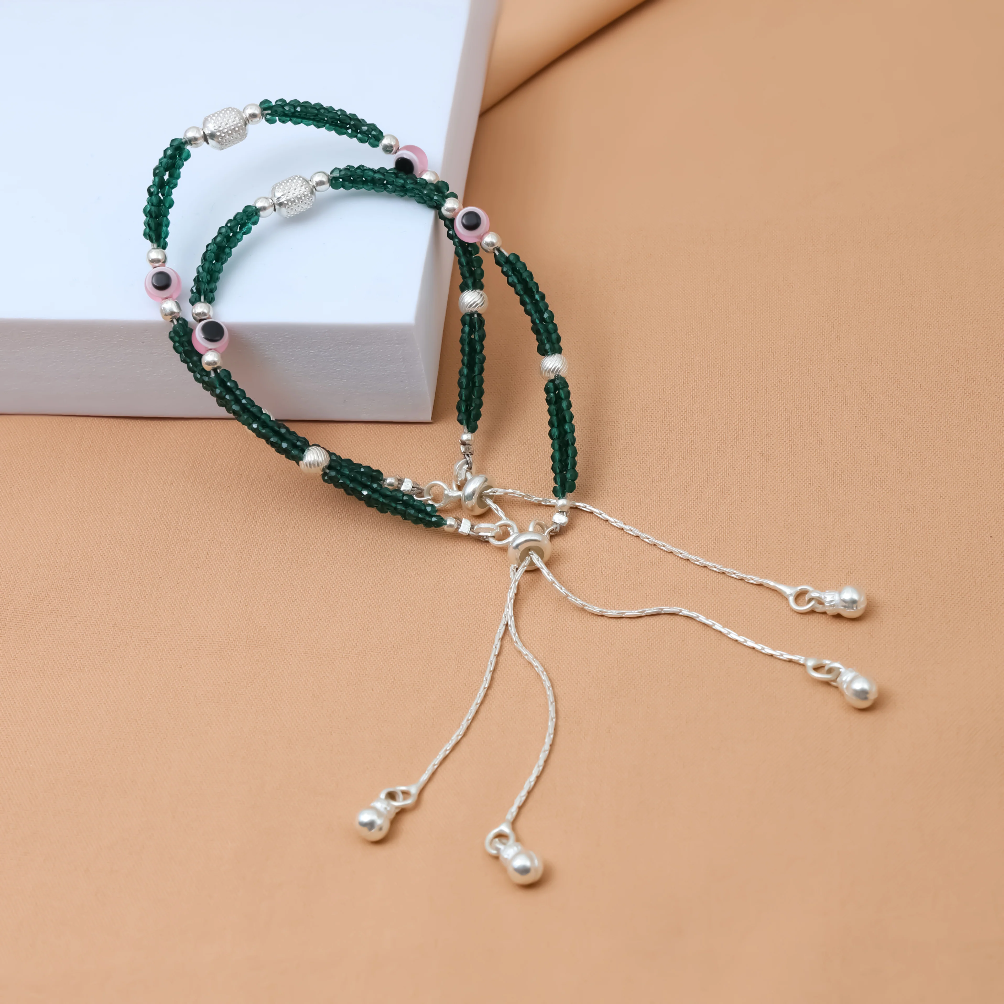 Pink Evil Eye Silver Anklet with Green Buds - Image 2