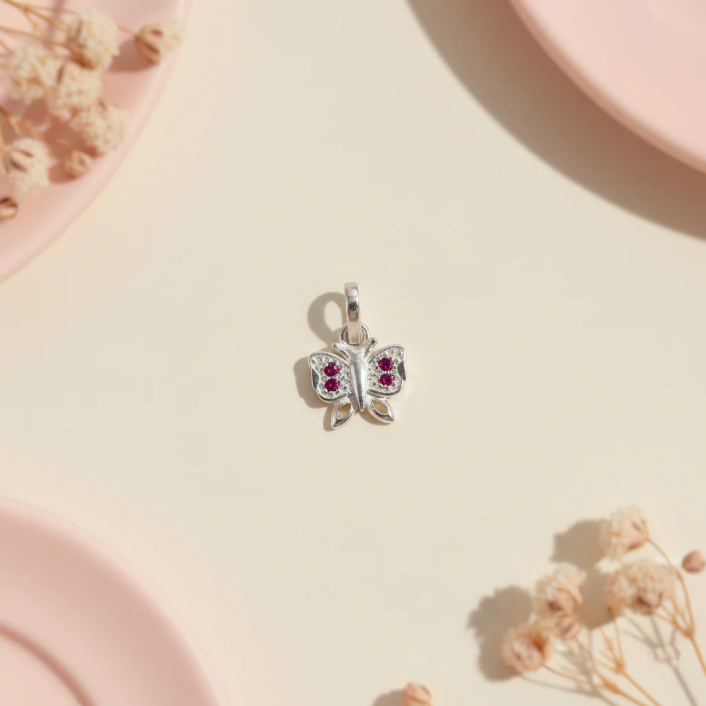 Pink Stone Butterfly Silver Pendant - Image 2