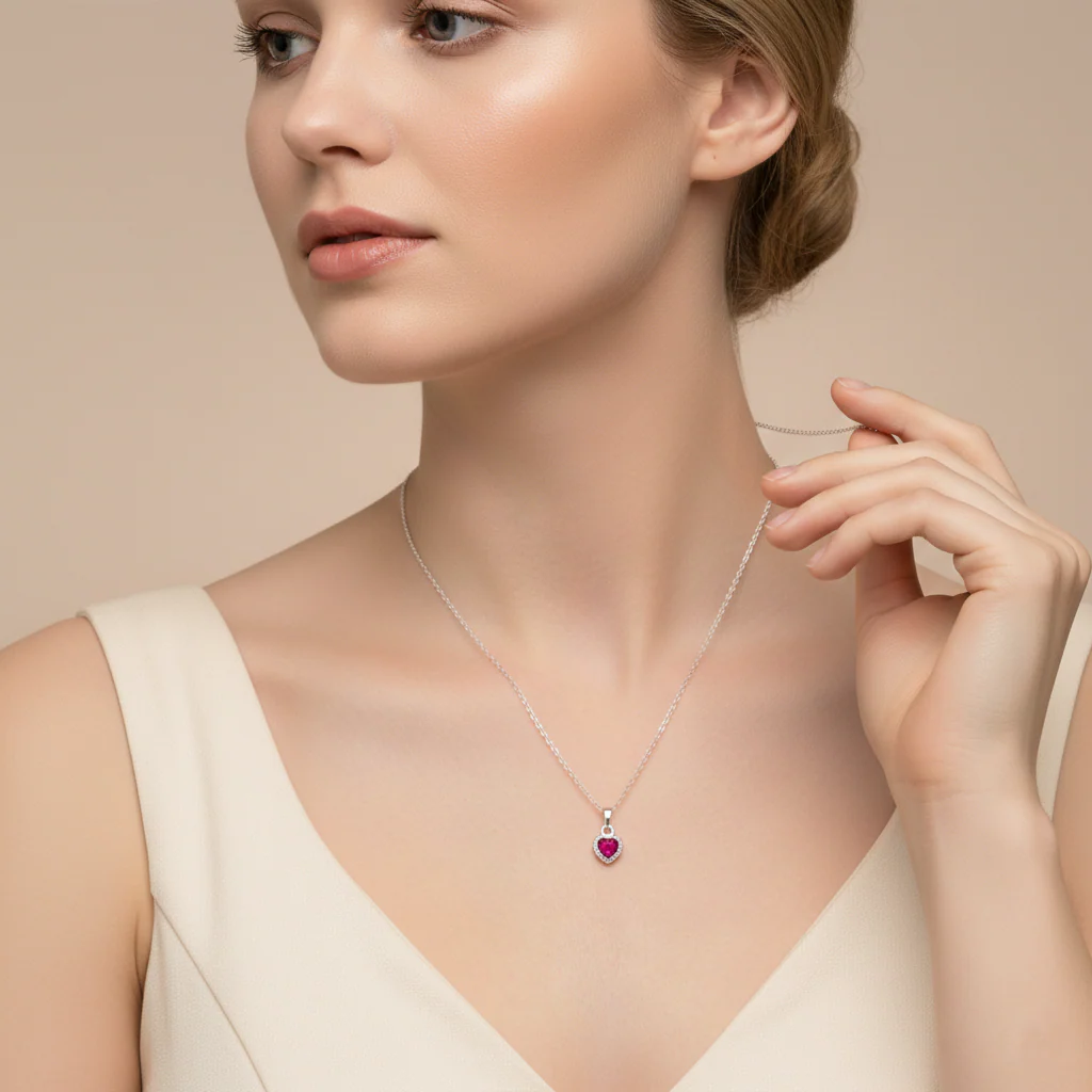 Premium Heart-Shaped Stone Silver Pendent Necklace - Image 2