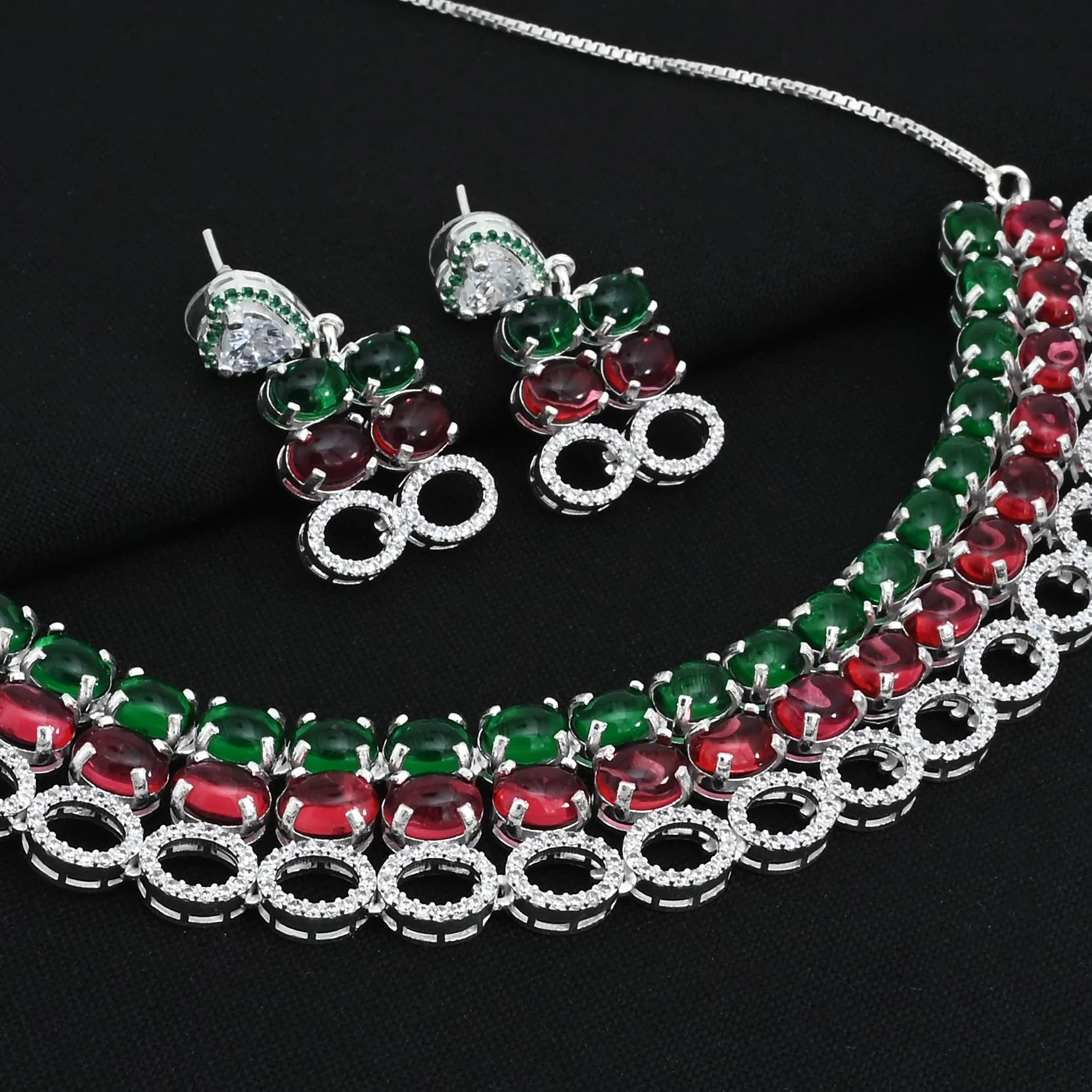 Premium Silver Bridal Jewellery Set of Gemstone Necklace And Earrings - Image 4