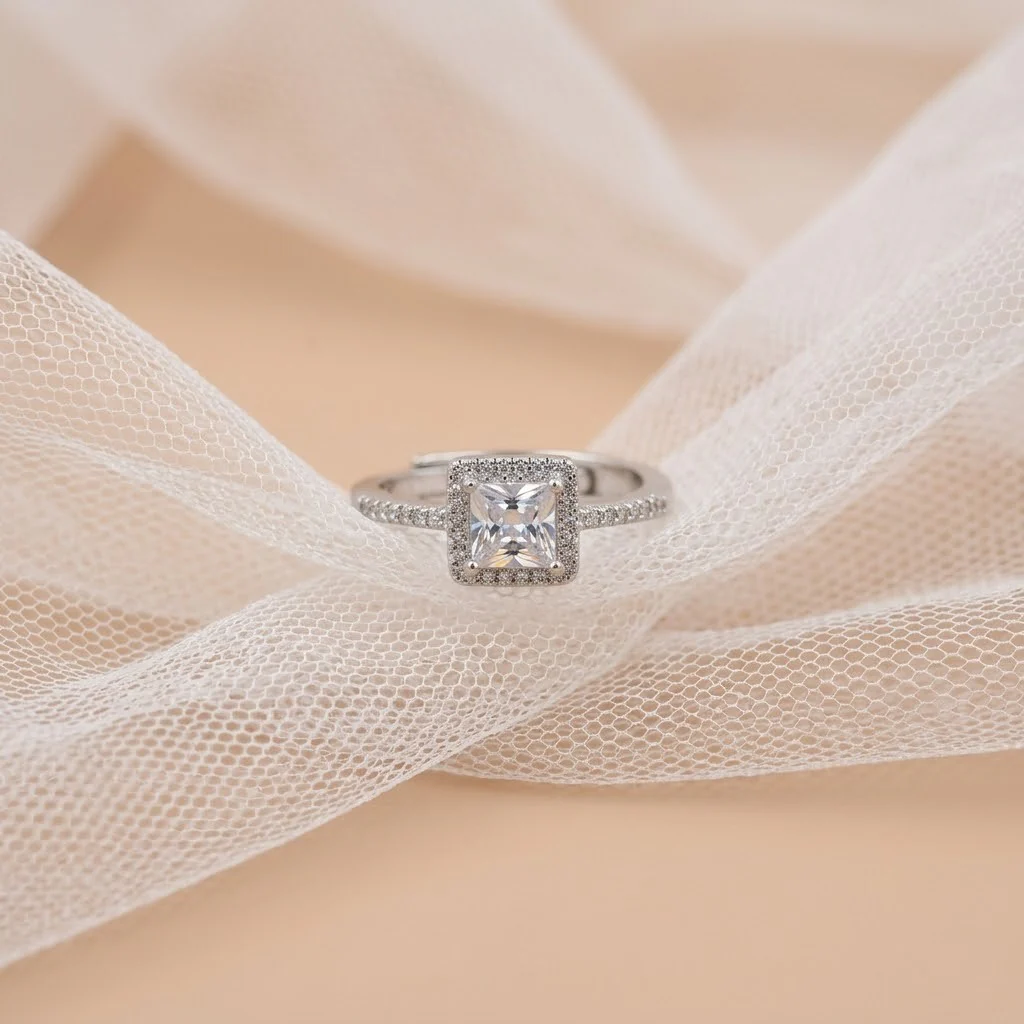 Princess Cut Halo Diamond Engagement Ring with Pave Band (Silver Finish)