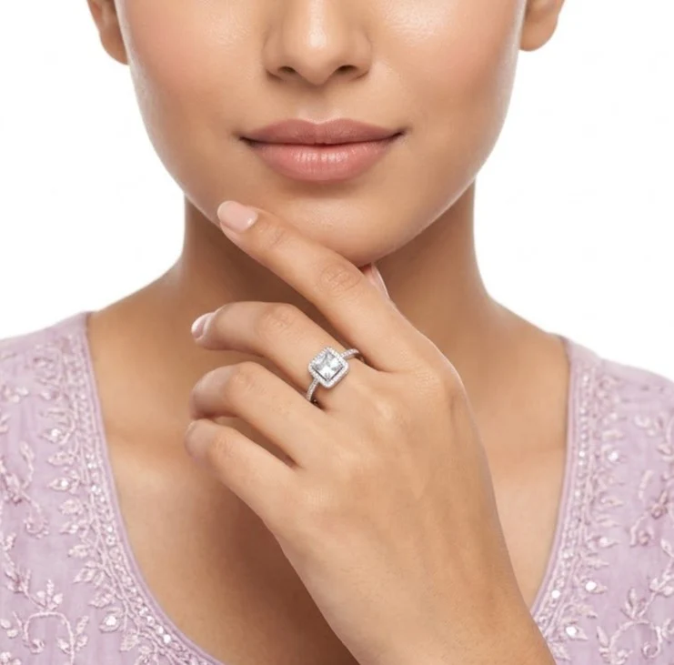 Princess Cut Halo Diamond Engagement Ring with Pave Band (Silver Finish) - Image 2
