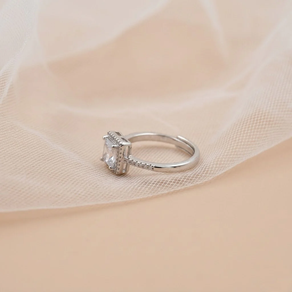 Princess Cut Halo Diamond Engagement Ring with Pave Band (Silver Finish) - Image 3