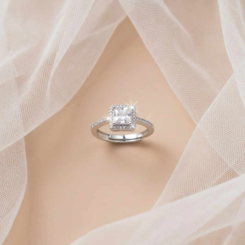 Princess Cut Halo Diamond Engagement Ring with Pave Band (Silver Finish) - Image 4