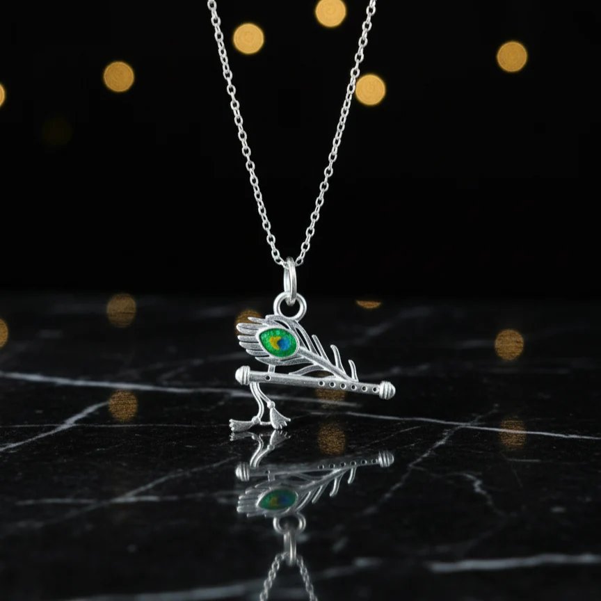 Pure Silver Flute Pendant with Morpankh Detailing - Image 6