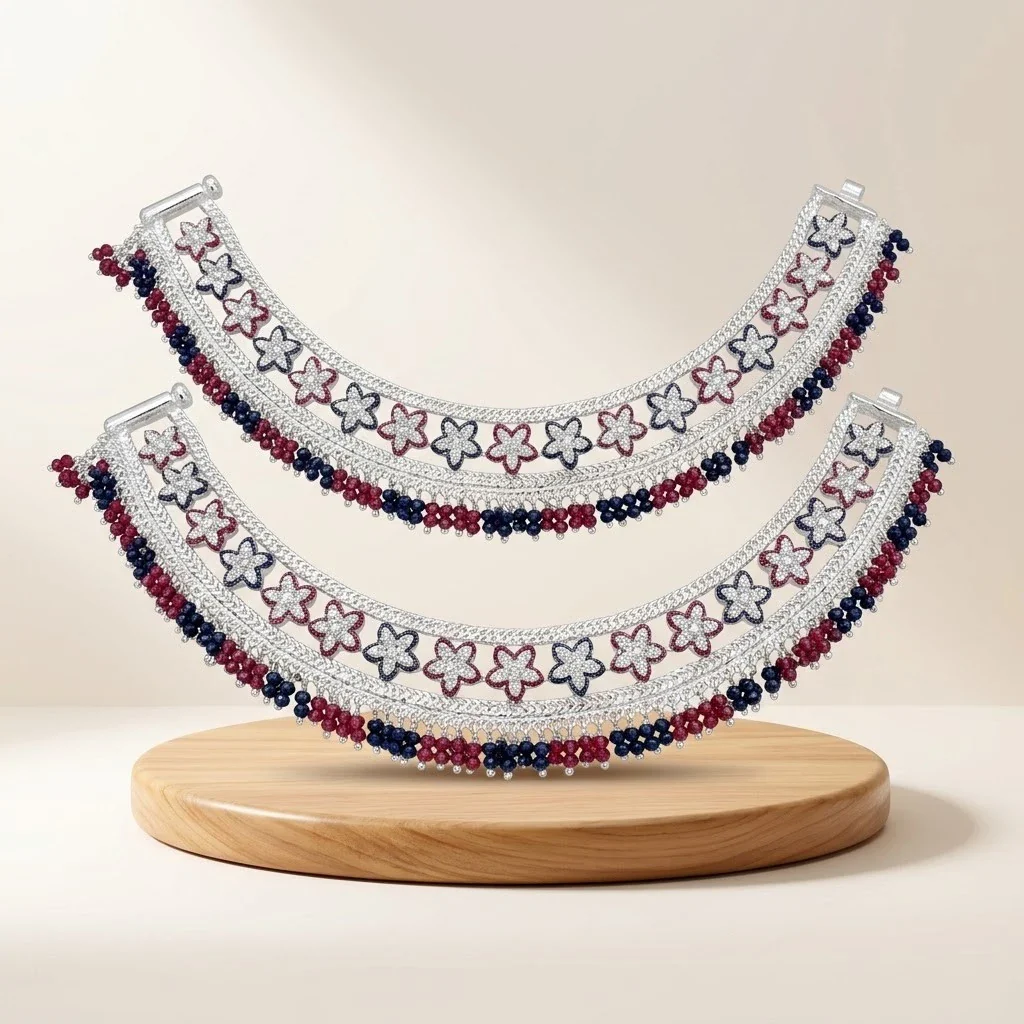 Purple Blue Flower Design Silver Payal with Beads - Image 2
