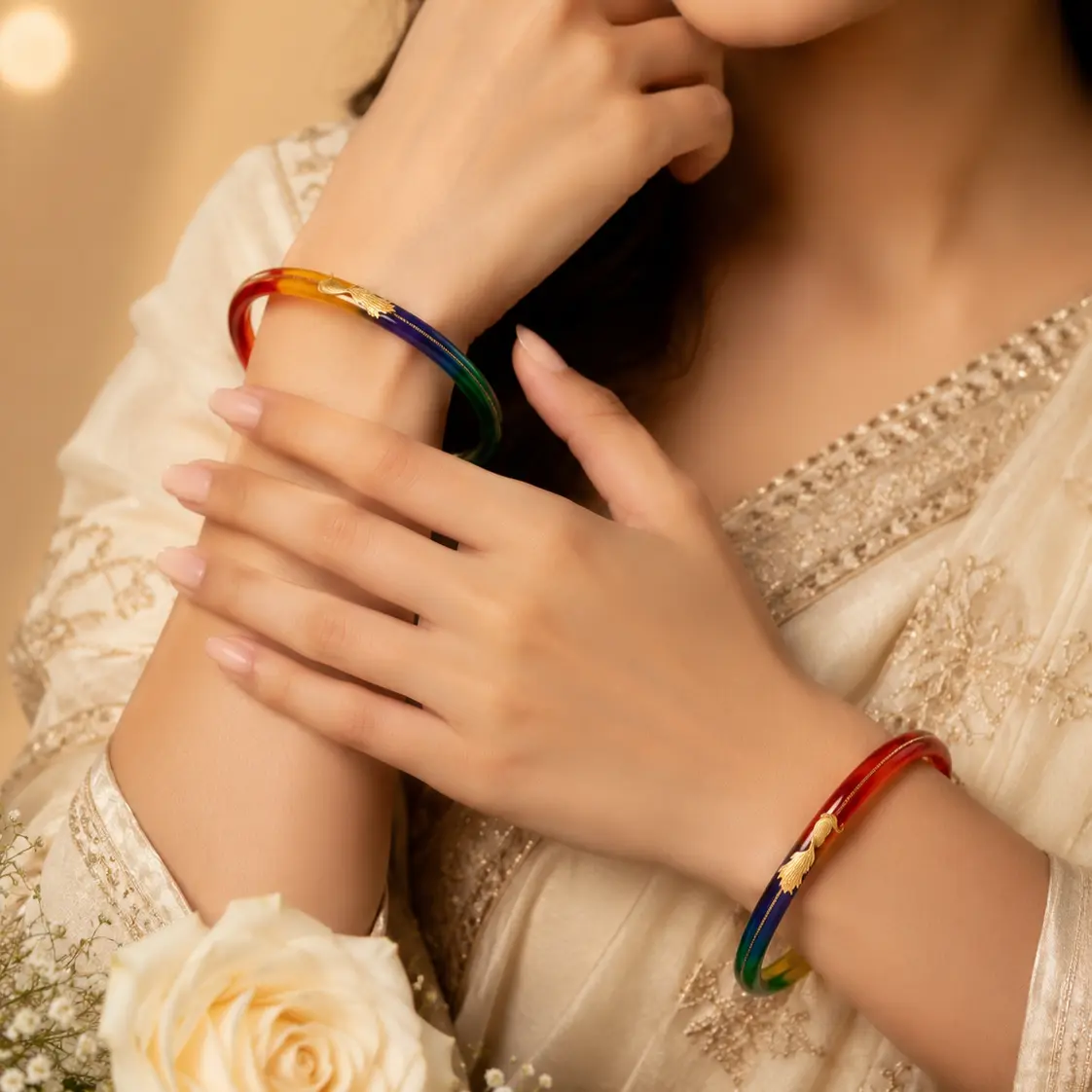 Rainbow Gradient Resin Bangles with Gold Peacock - Image 2