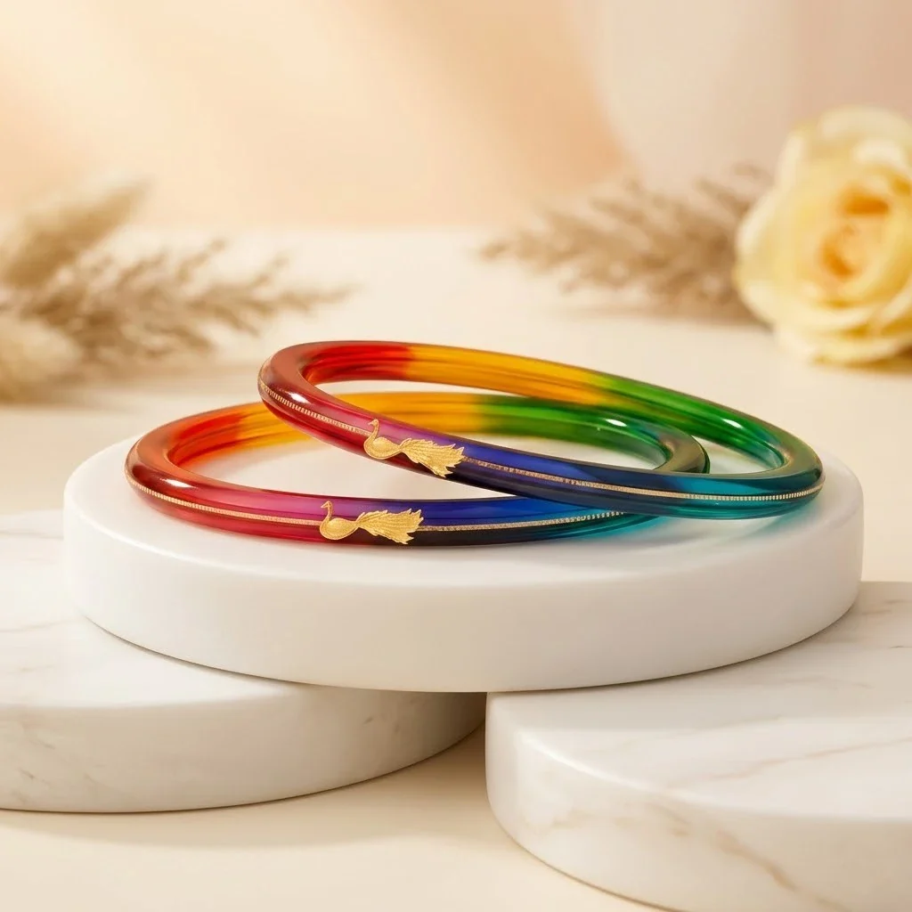Rainbow Gradient Resin Bangles with Gold Peacock - Image 3