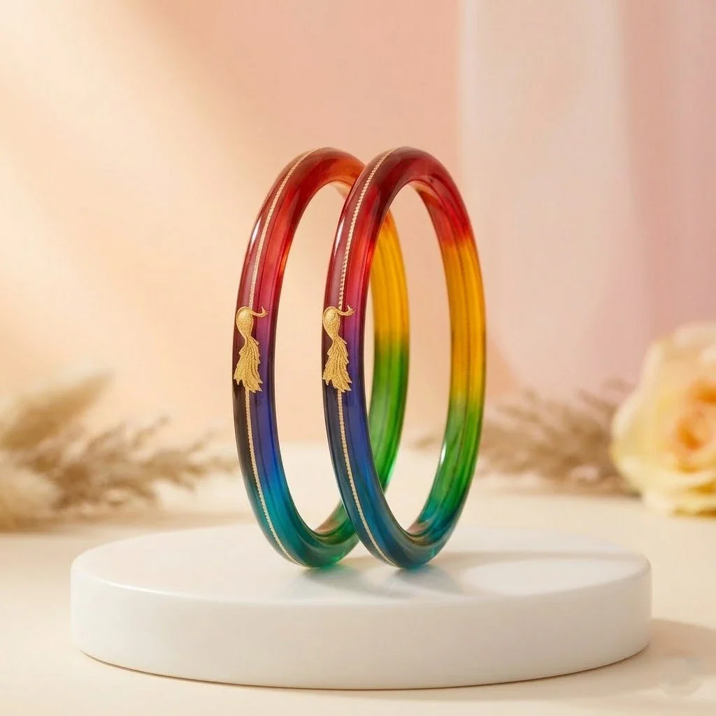 Rainbow Gradient Resin Bangles with Gold Peacock - Image 4