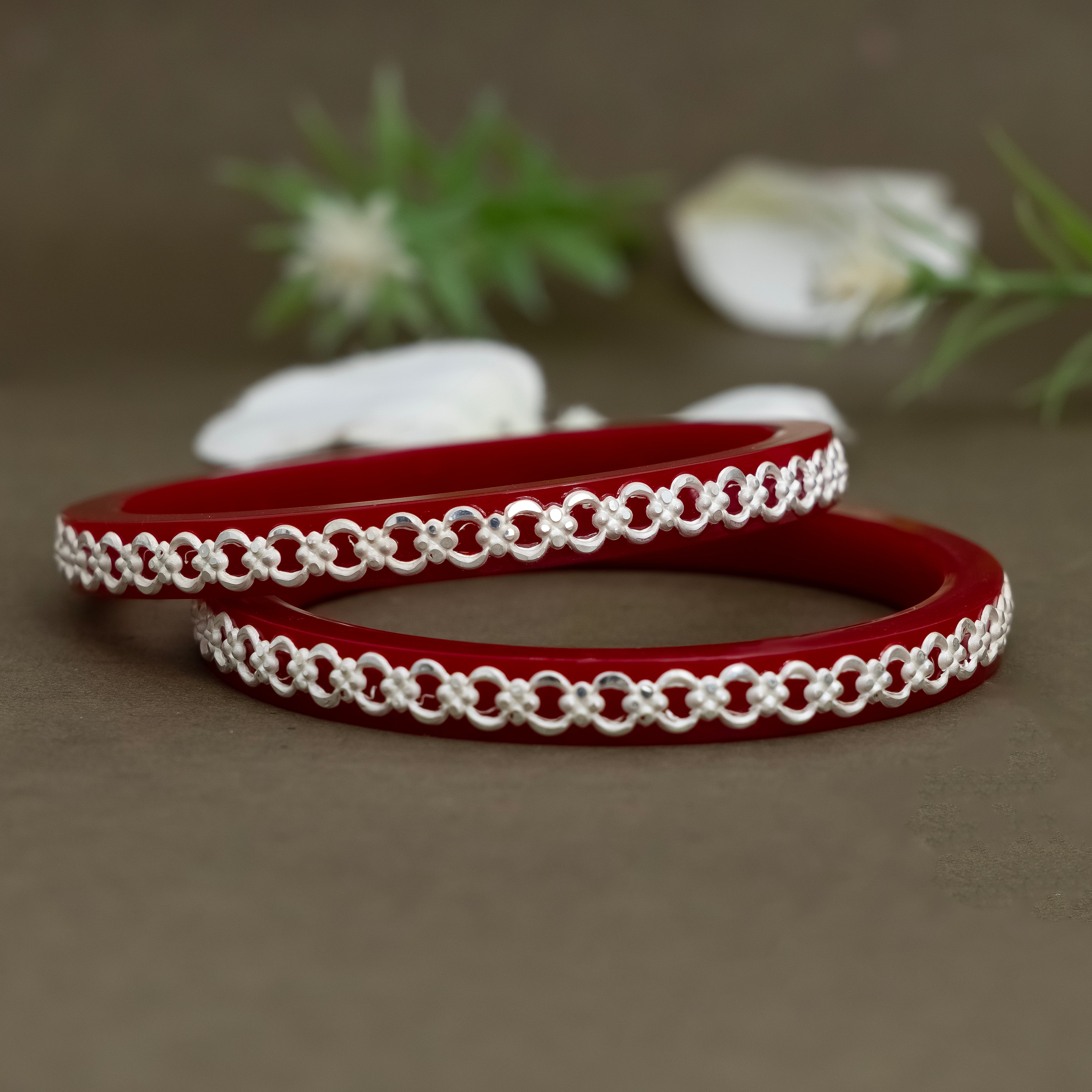 Red Bangles with Intricate Pure Silver Chain - Image 5