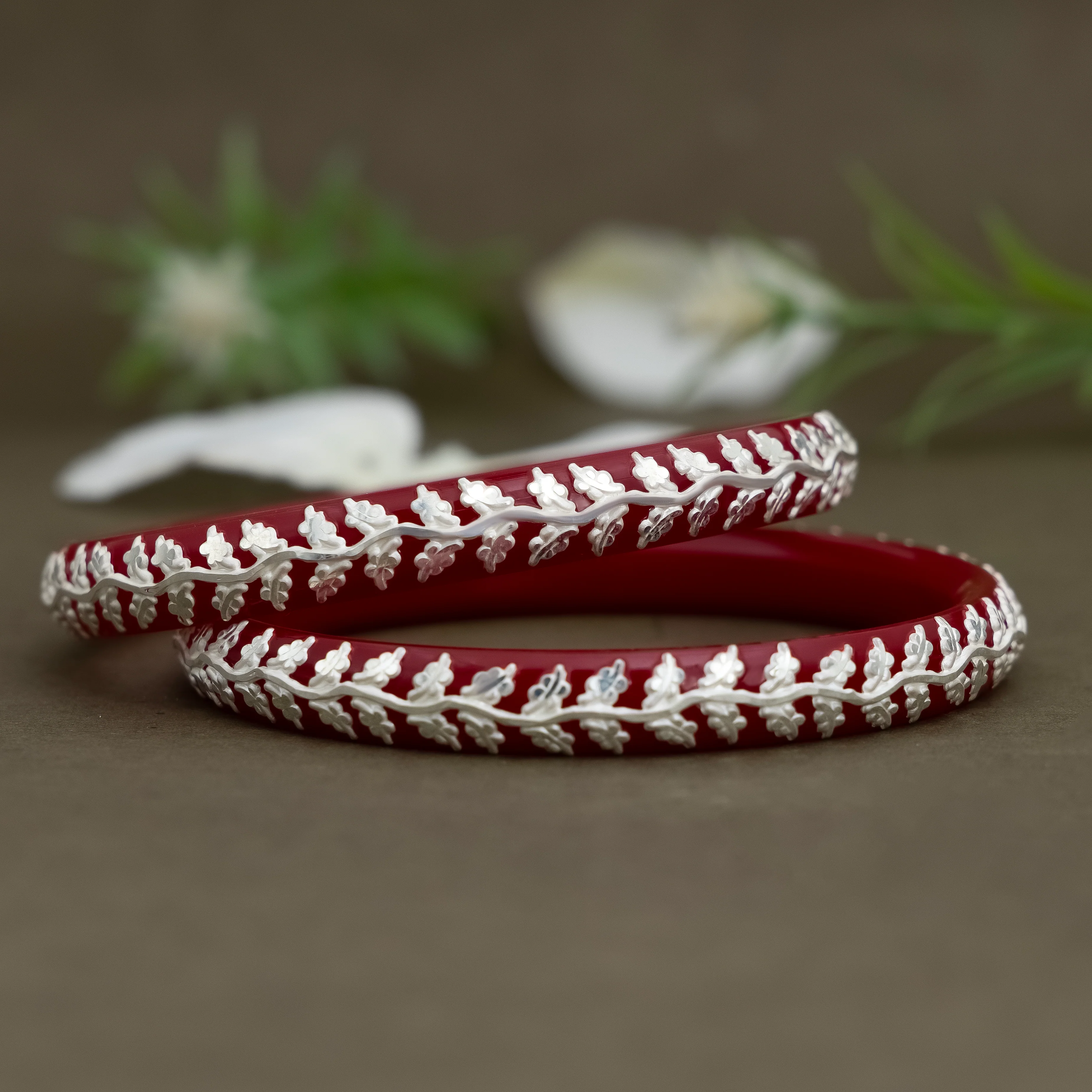 Red Glass Bangles with Pure Silver Leaf Design - Image 5