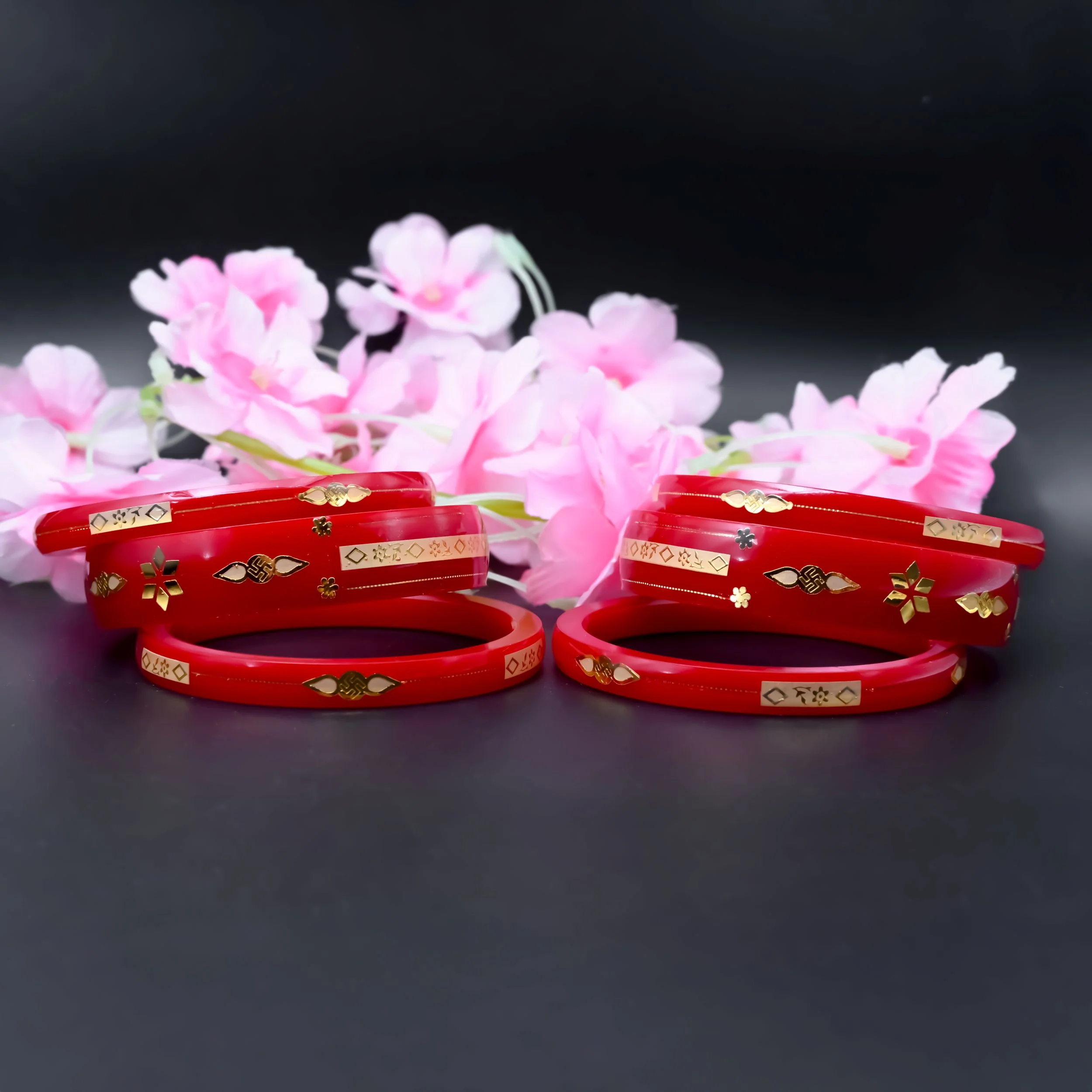 Red Gold Bangle Set Featuring Swastika Design – Stylish & Cultural. - Image 3