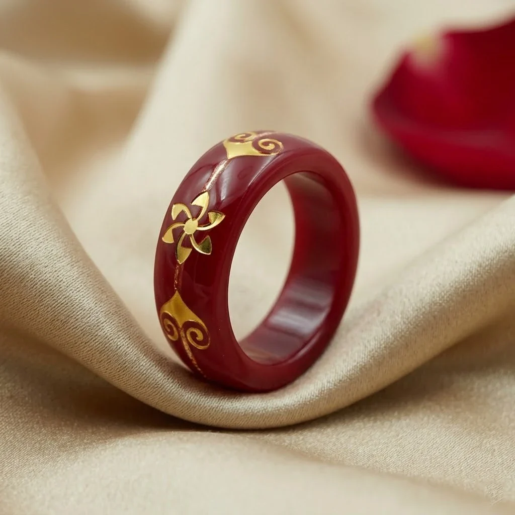 Red Resin Floral Ring with Gold Inlay – Traditional Vintage Statement Band - Image 3