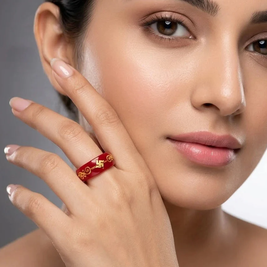 Red Swastika Symbol Ring – Traditional Lucky Charm Resin Band - Image 2