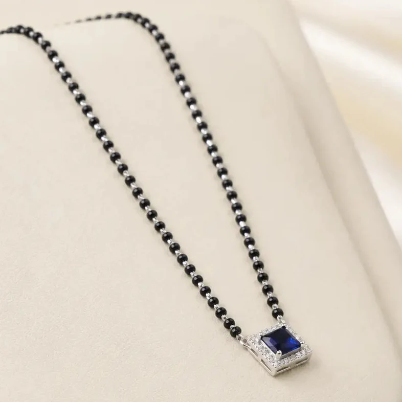Royal Blue Square Stone Mangalsutra Set with Matching Earrings - Image 4