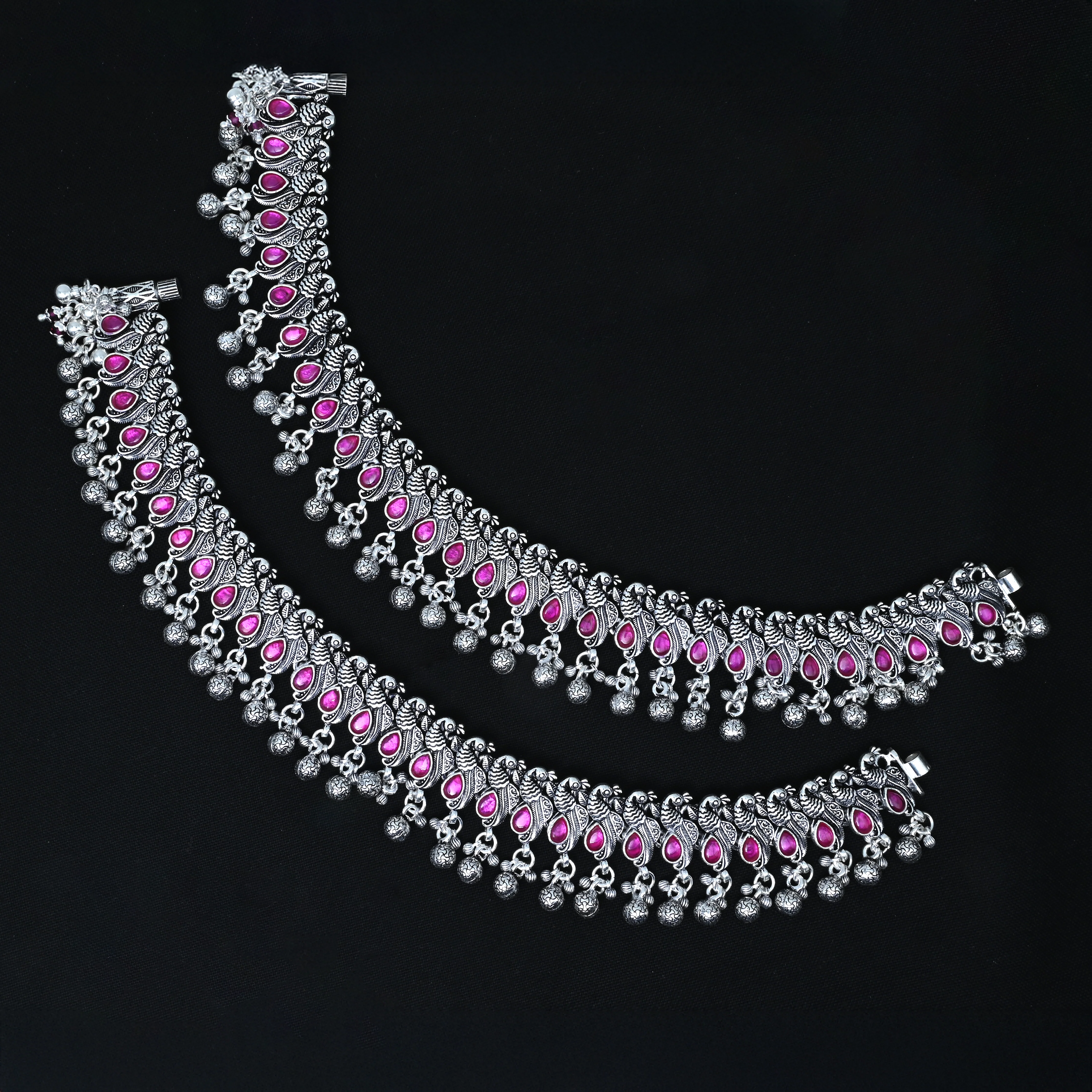 Royal Silver Payal with Peacock Bud Design, Pink Stones, and Ghungroo - Image 3