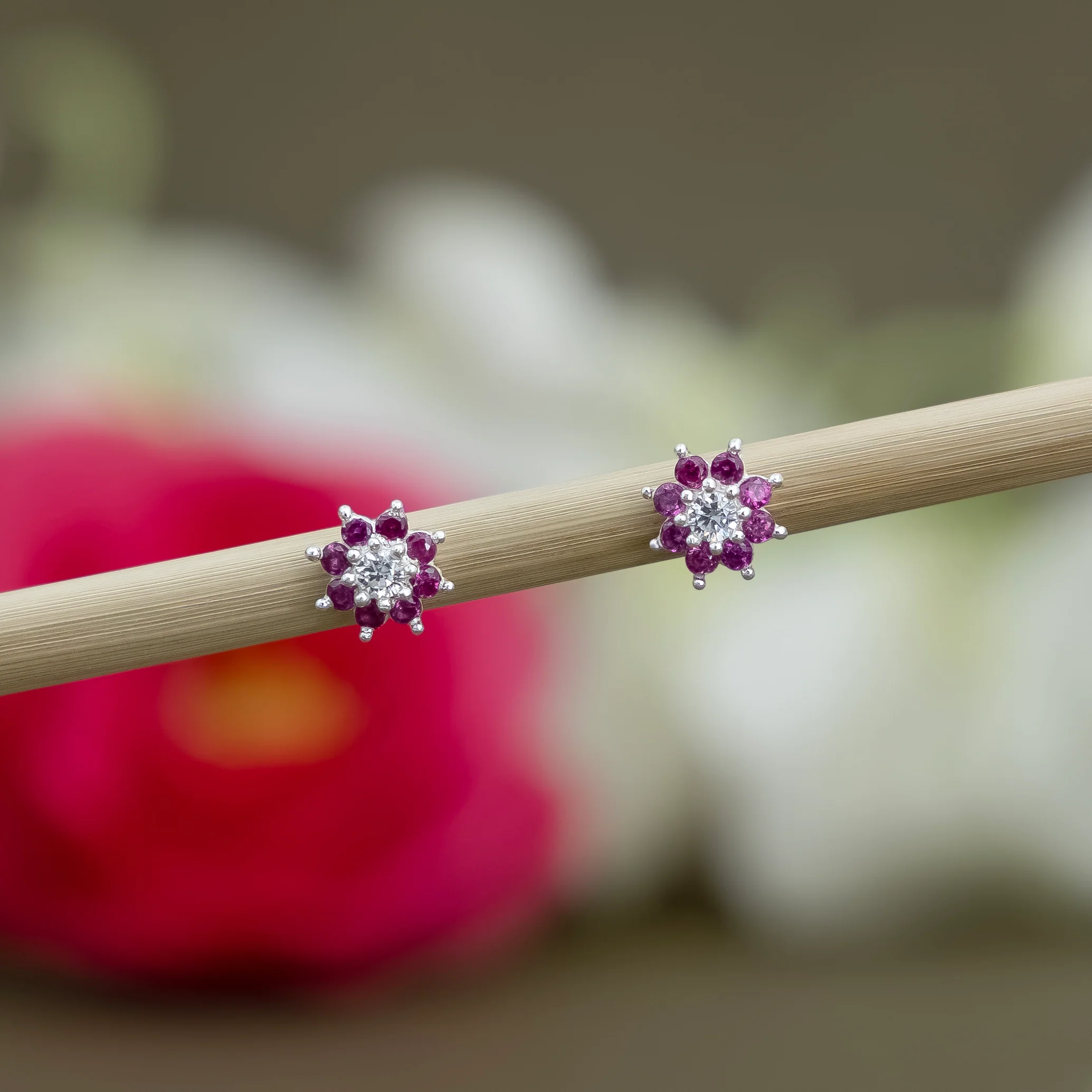 Ruby Flower Silver Earring - Image 2