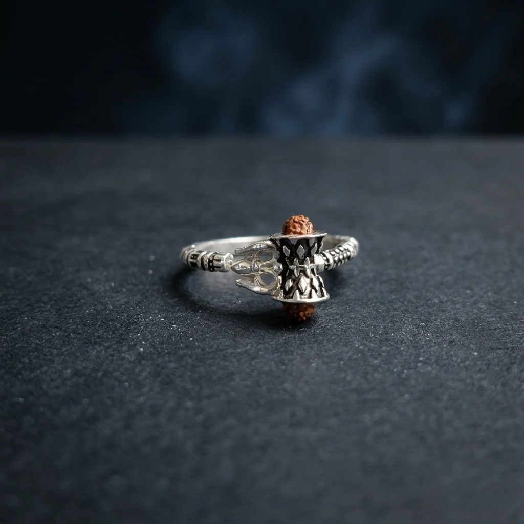 Shiv Silver Damru Ring with Rudraksha Bead - Image 8