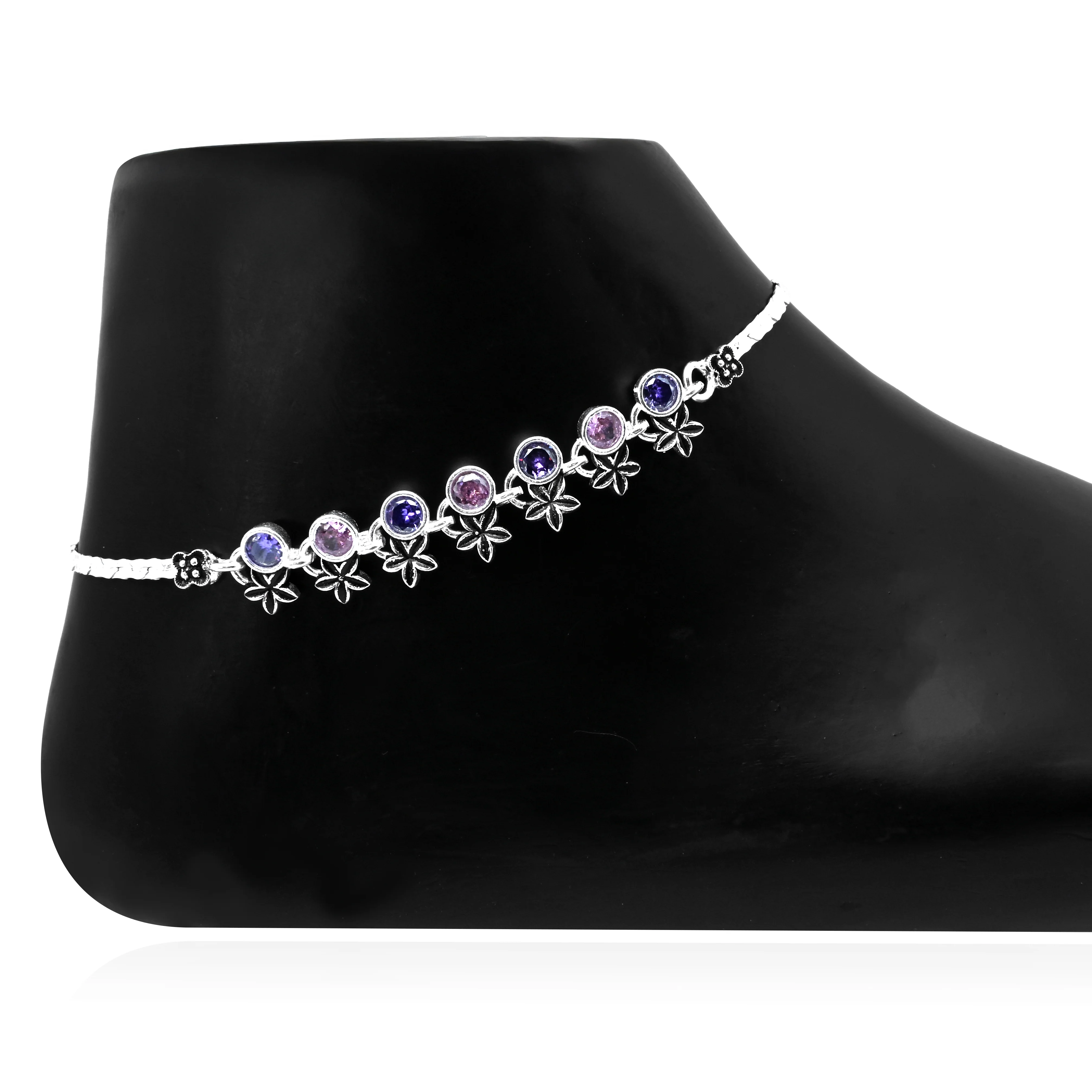 Silver Anklet with Flower Buds and Pink-Purple Stone Accents - Image 3