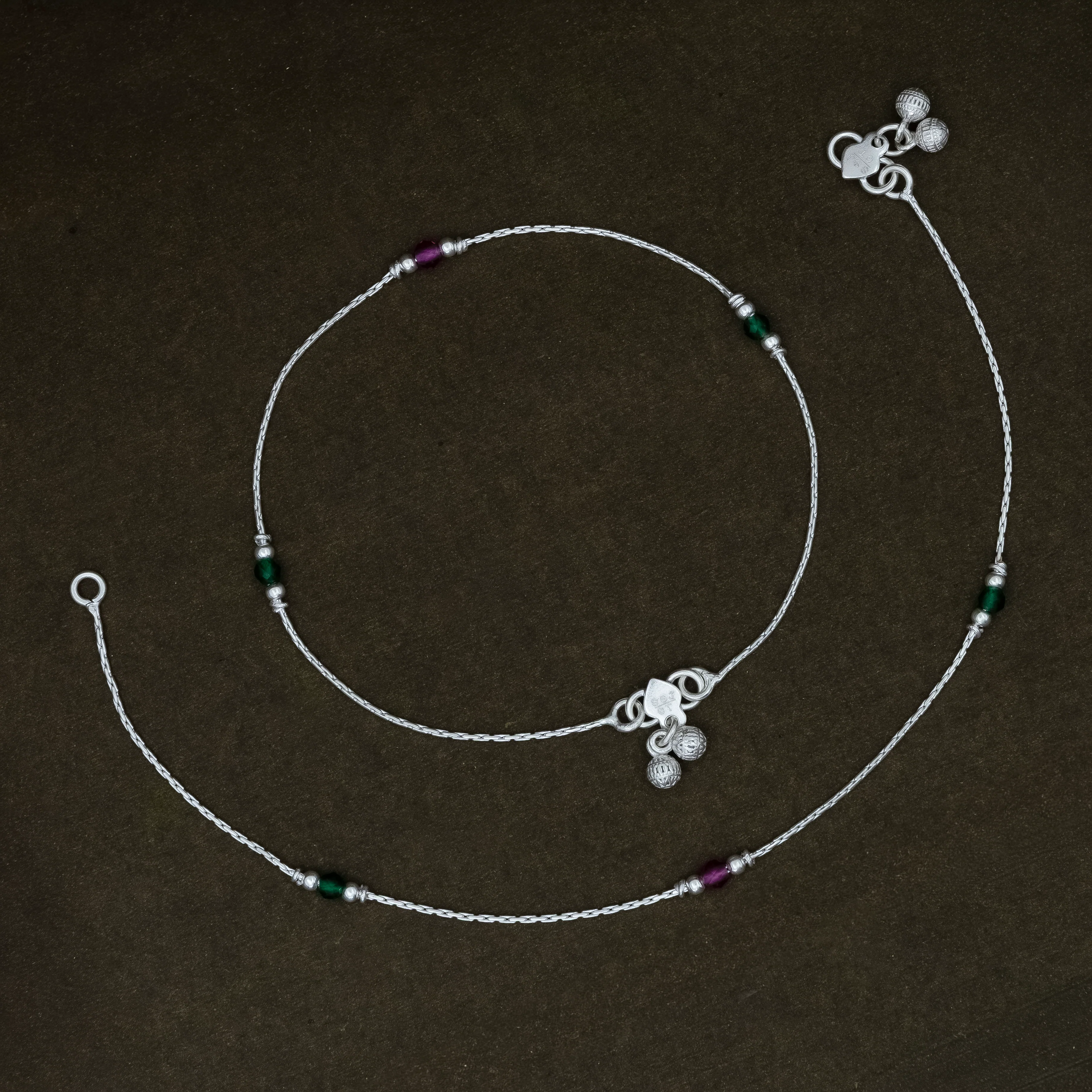 Silver Anklet with Red & Green Beads - Image 5