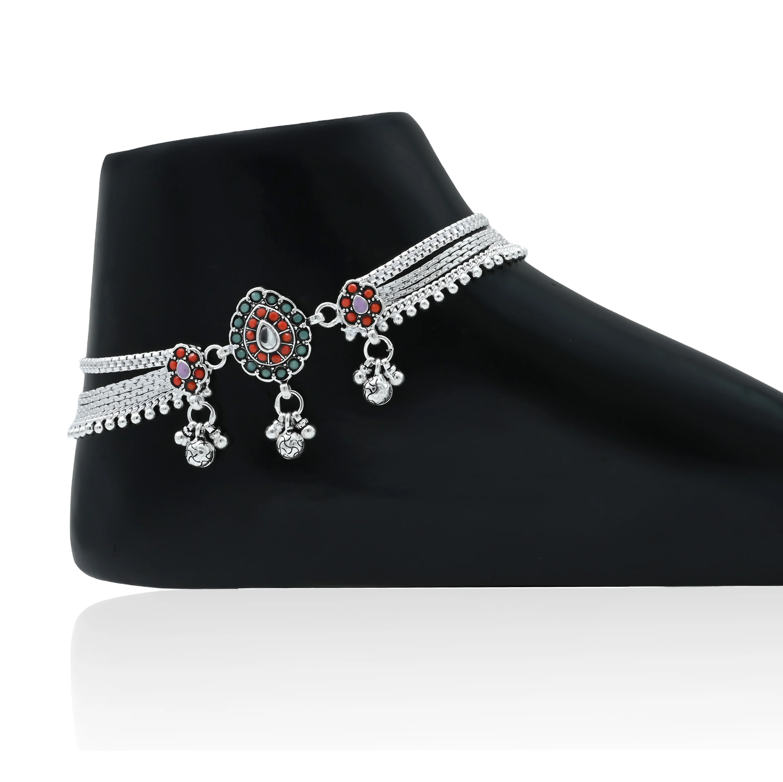 Silver Anklets with Floral and Gemstone Design - Image 2