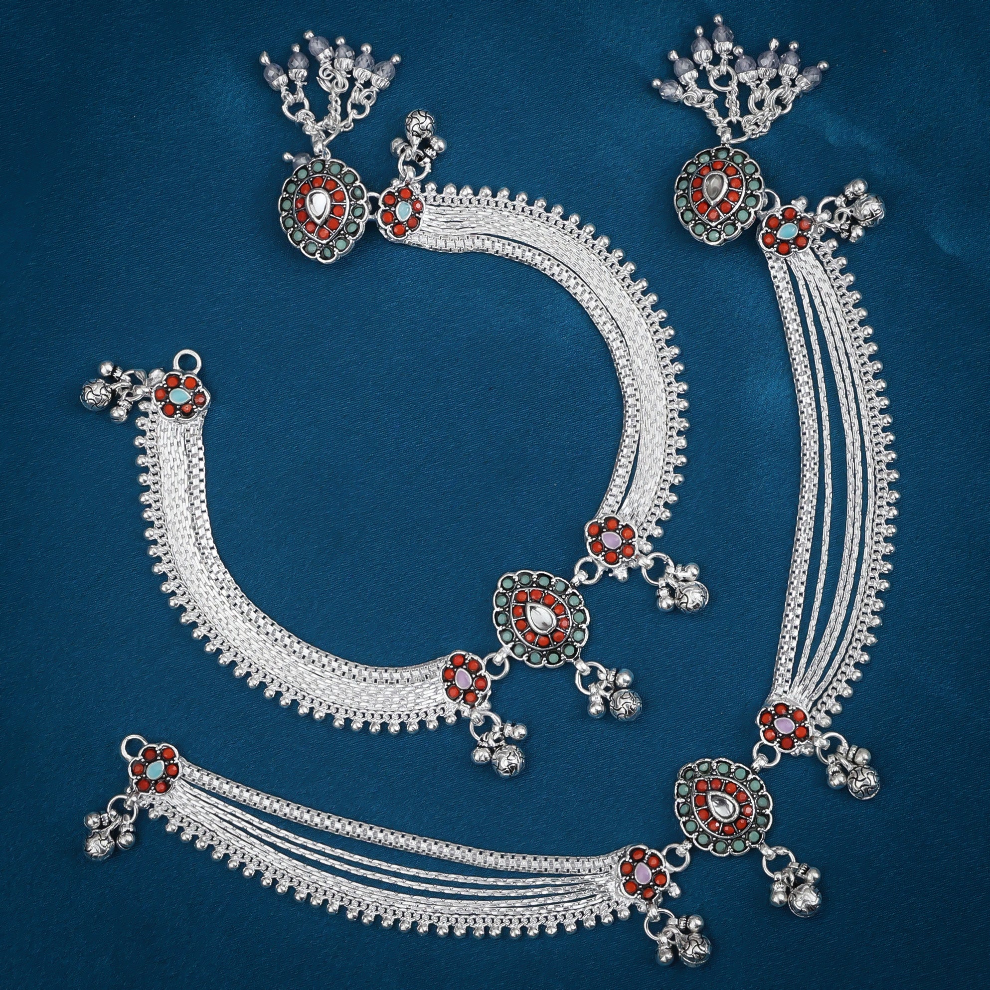 Silver Anklets with Floral and Gemstone Design - Image 3