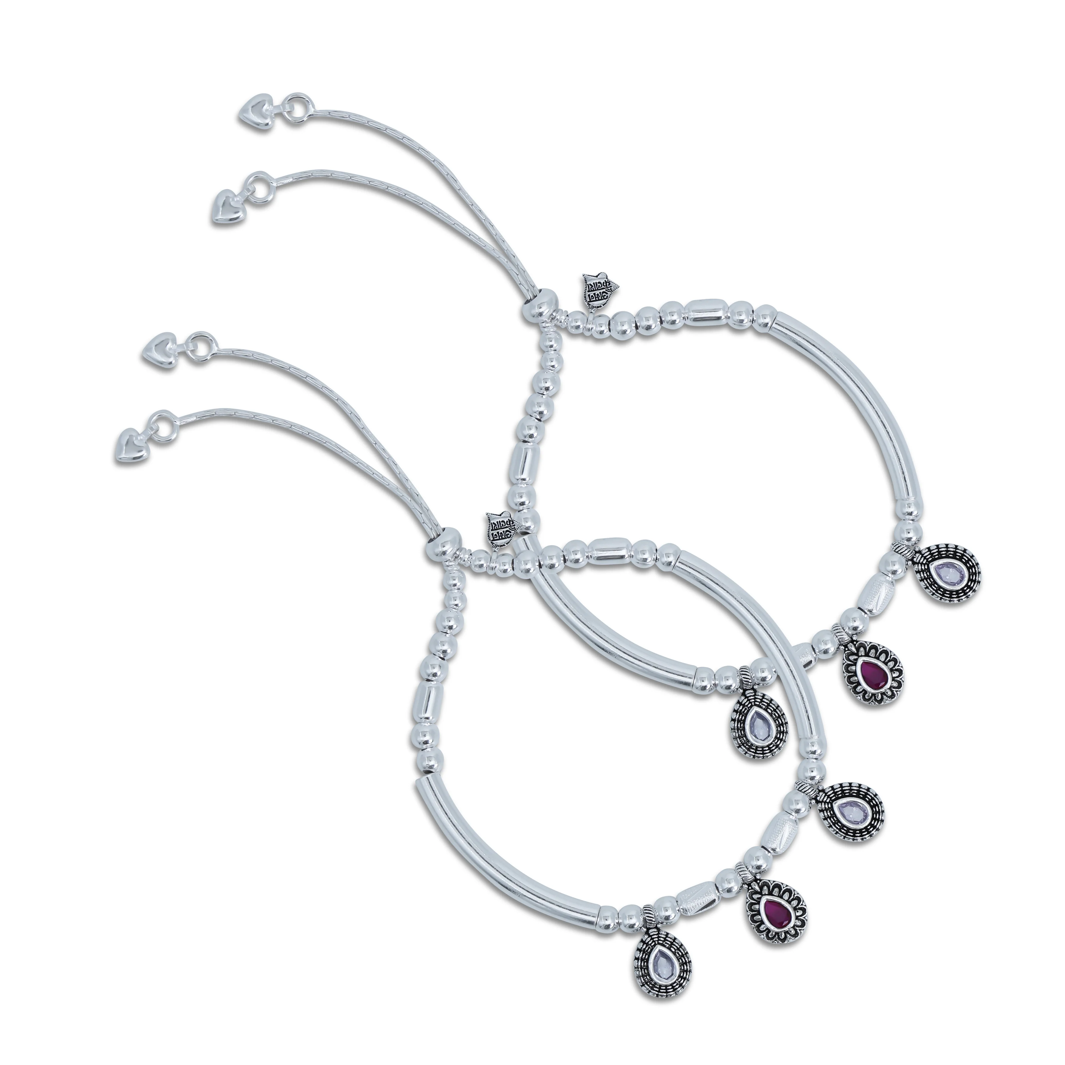 Silver Beaded Purple and White Gemstone Anklets - Image 2