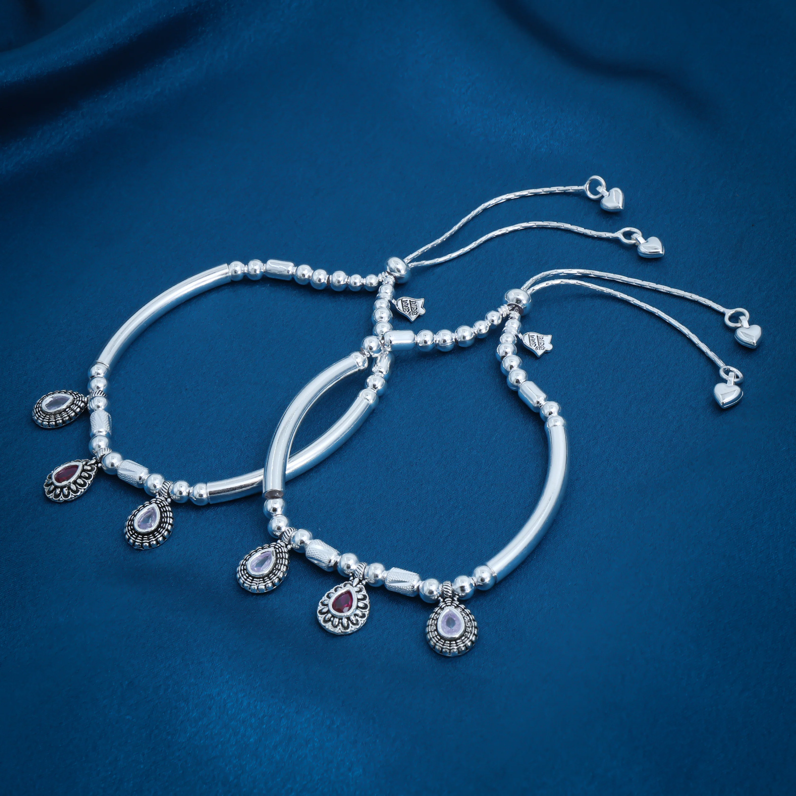 Silver Beaded Purple and White Gemstone Anklets - Image 3