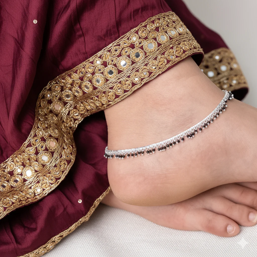 Silver Black Beaded Payal Minimal Traditional Anklet for Daily Wear - Image 3