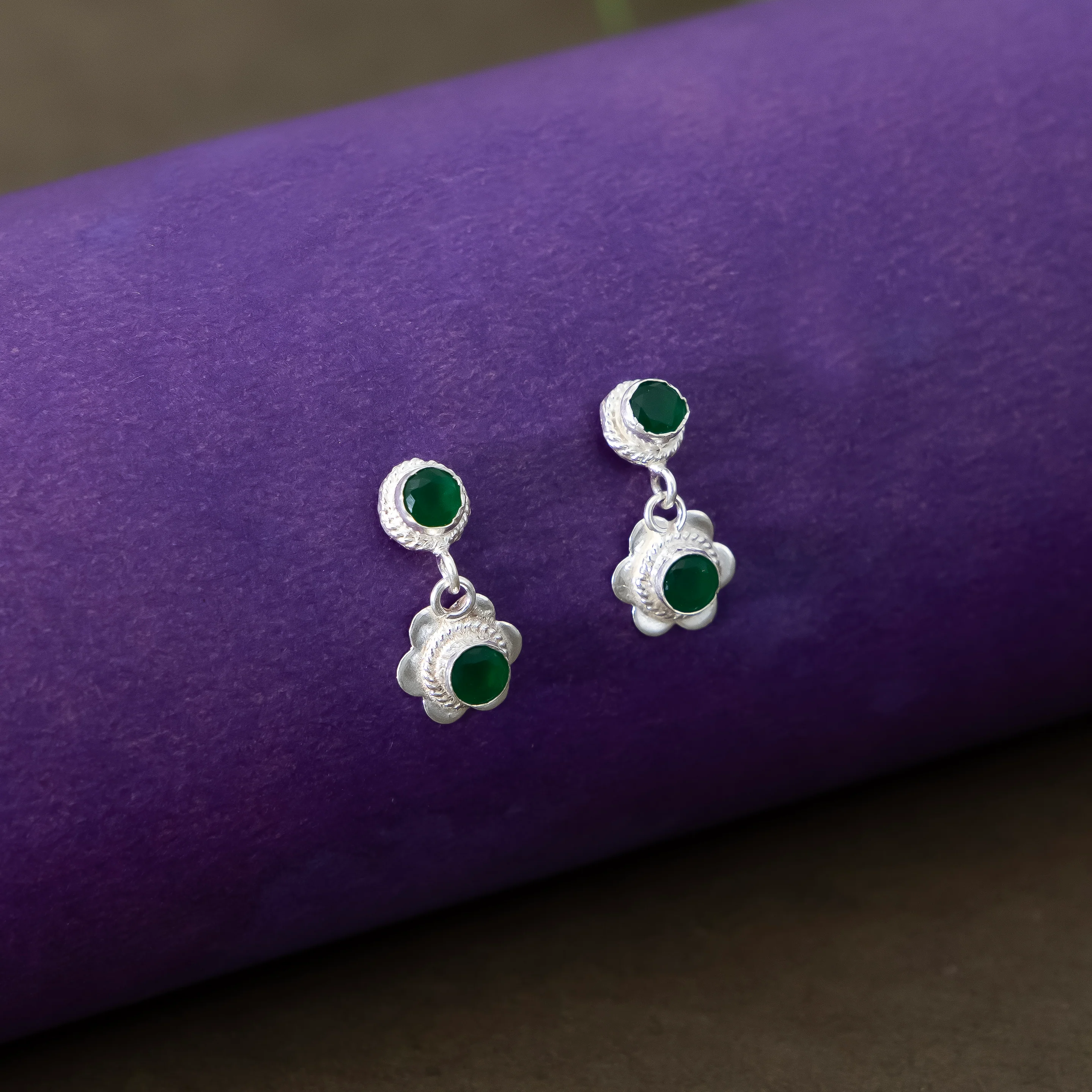 Silver Bloom Green Stone Earrings - Image 5