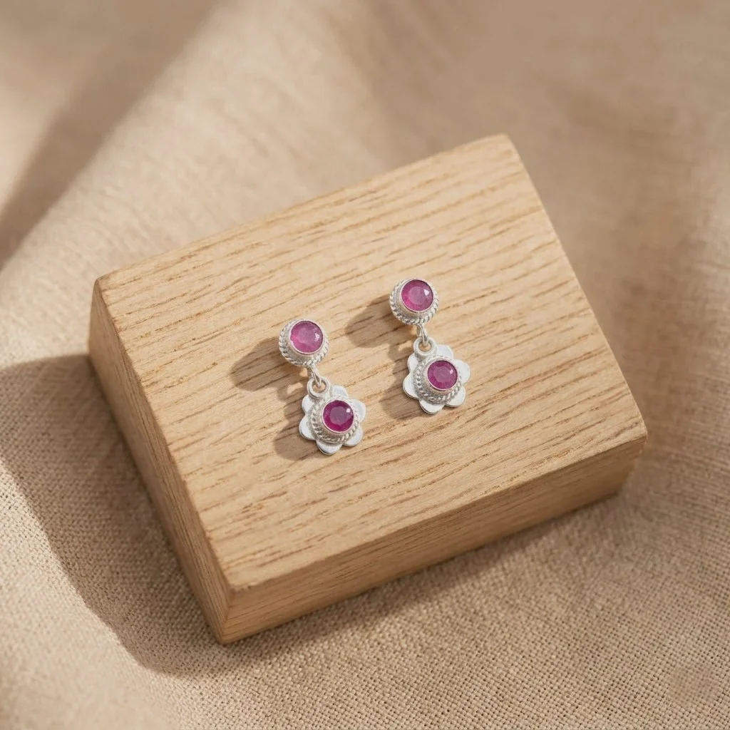 Silver Bloom Ruby Earrings