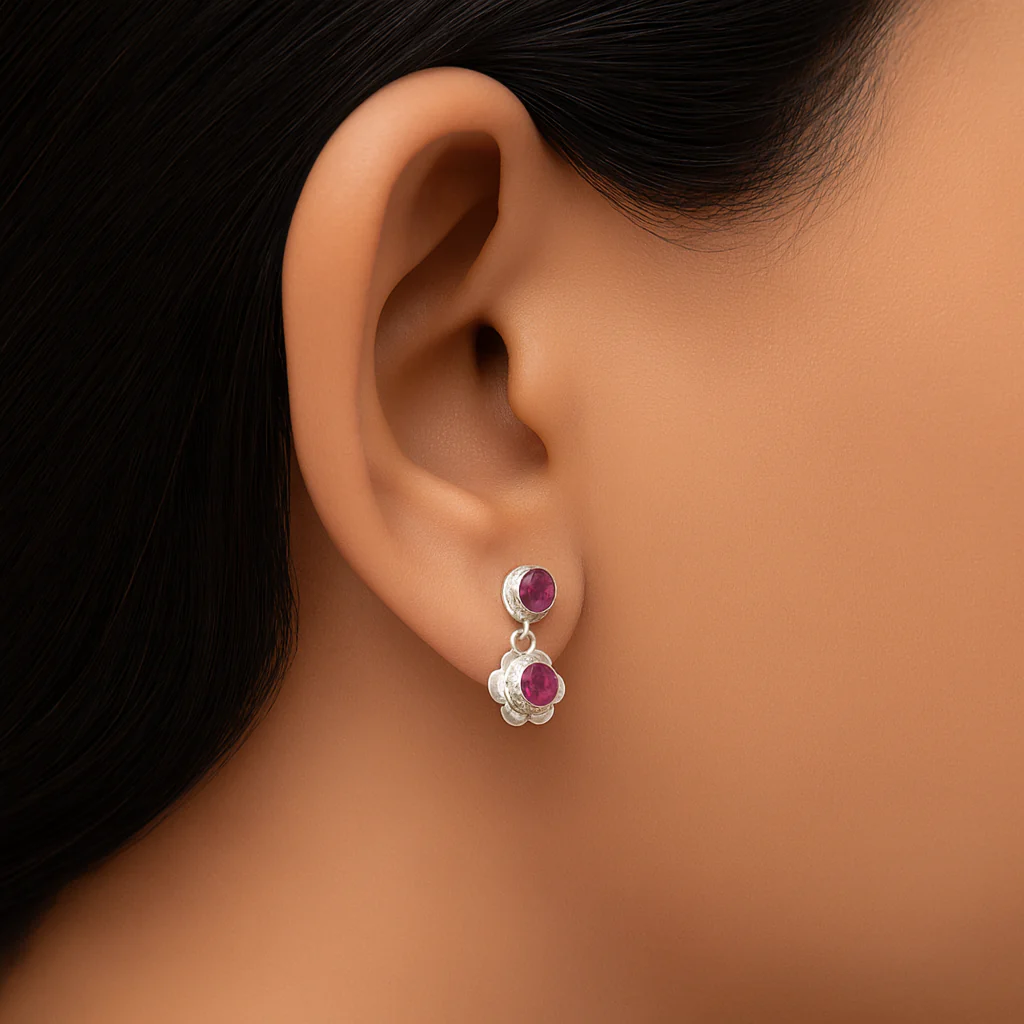 Silver Bloom Ruby Earrings - Image 4