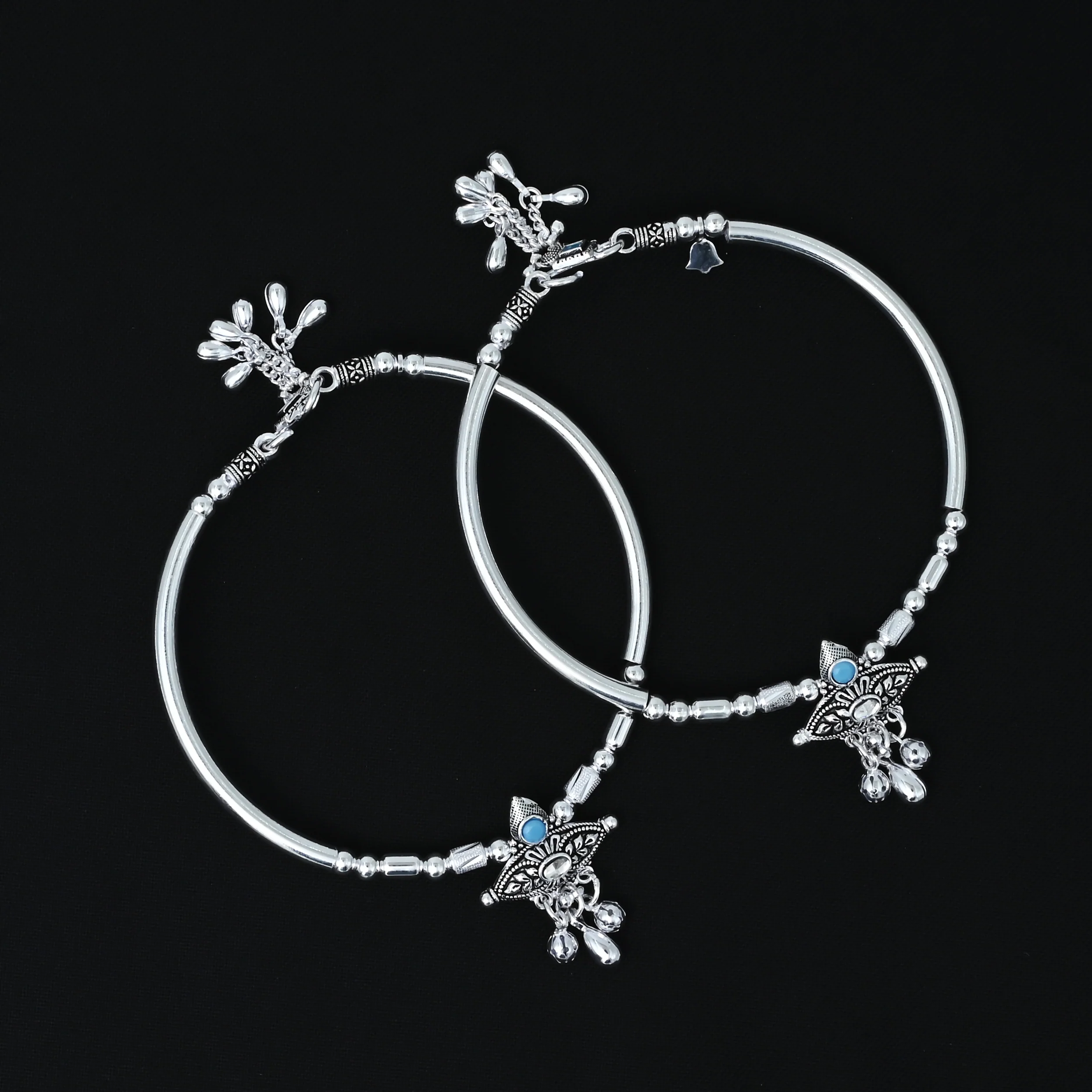 Silver Blue Gem Stone with Silver Beads and Ghungroo Kada Payal for Girls - Image 3