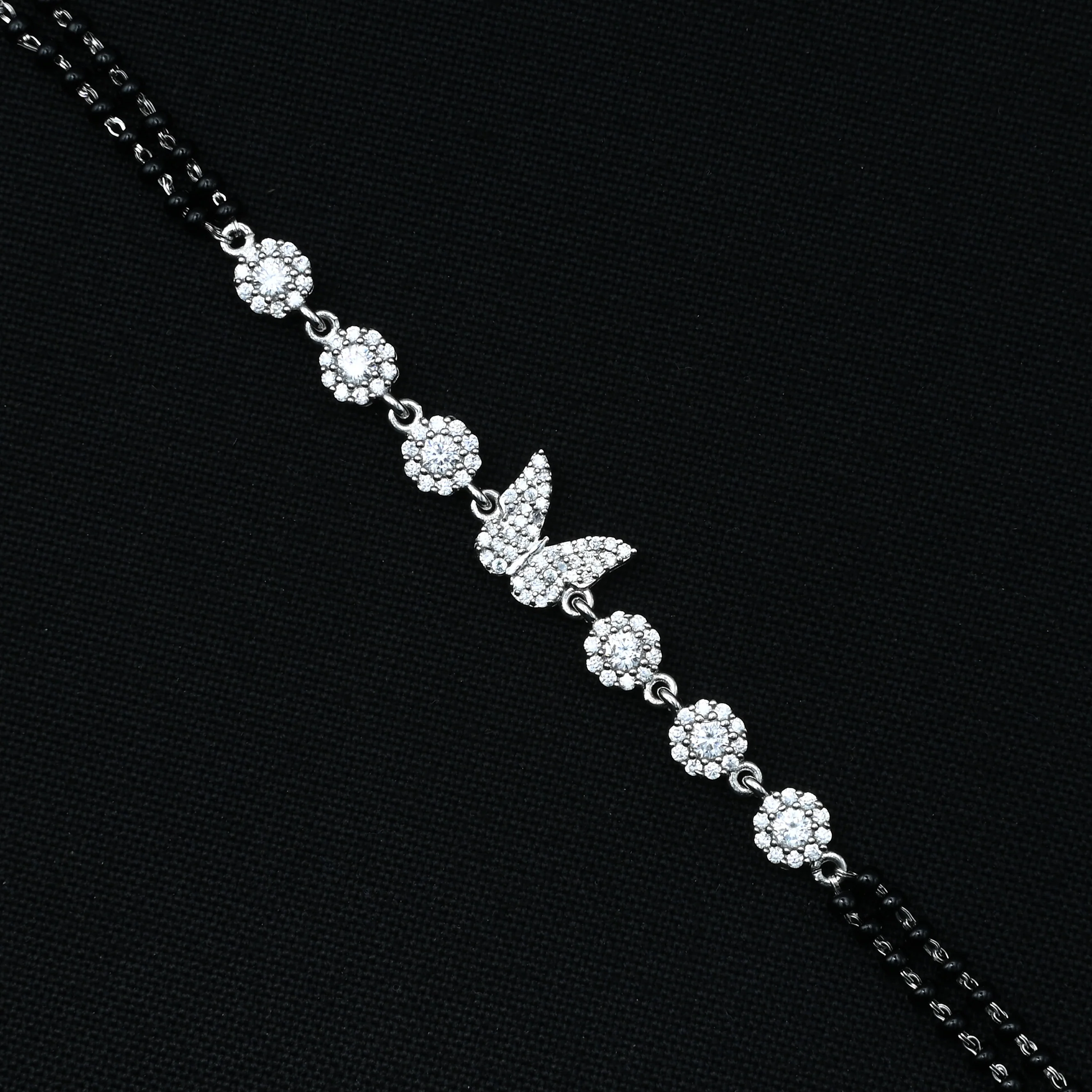 Silver Bracelet with Butterfly Bud and White Stones – Mangalsutra Design - Image 3