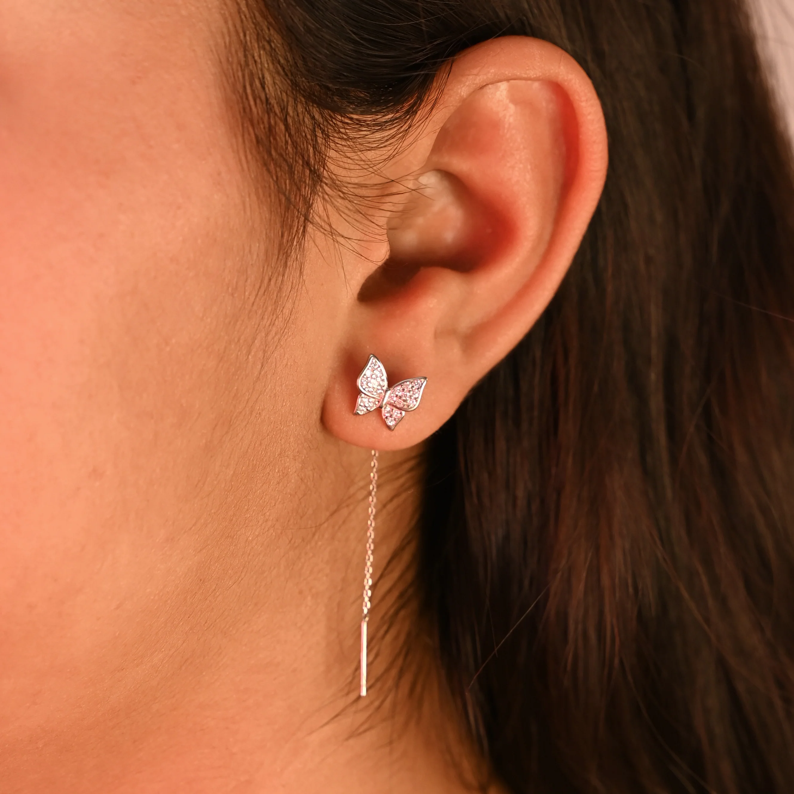 Sterling Silver and Gold-Plated Butterfly Earrings with Drop Chain Stylish - Image 2