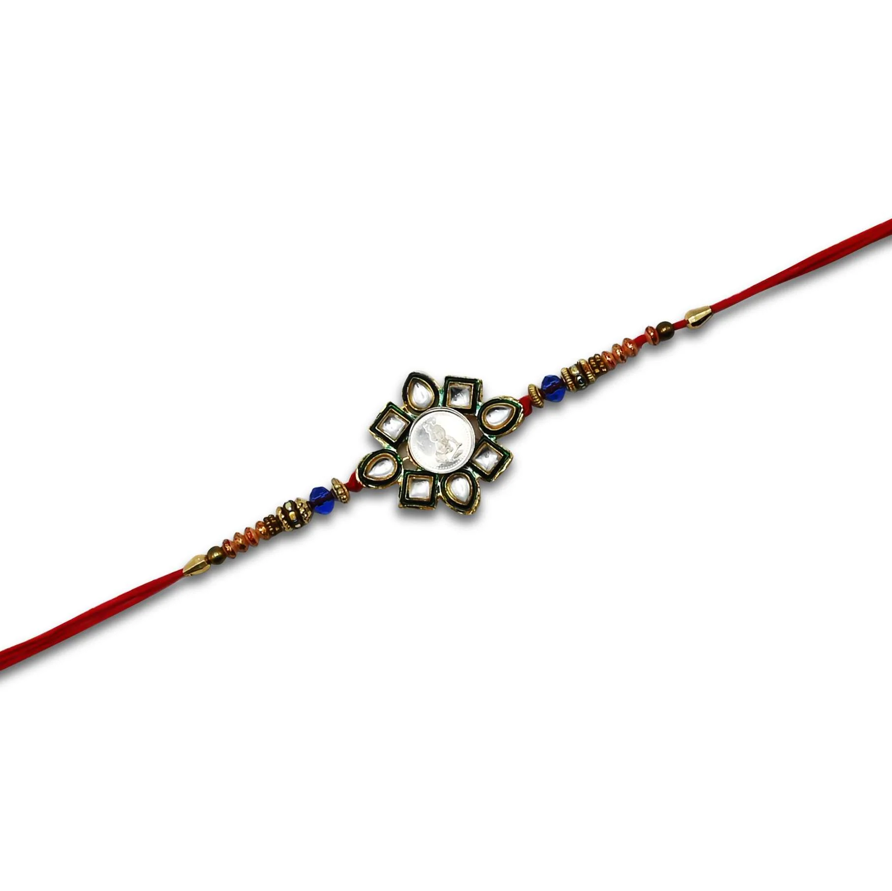 Silver Center Baal Gopal Flower Design with Multi Color Beads Rakhi for Boys - Image 2