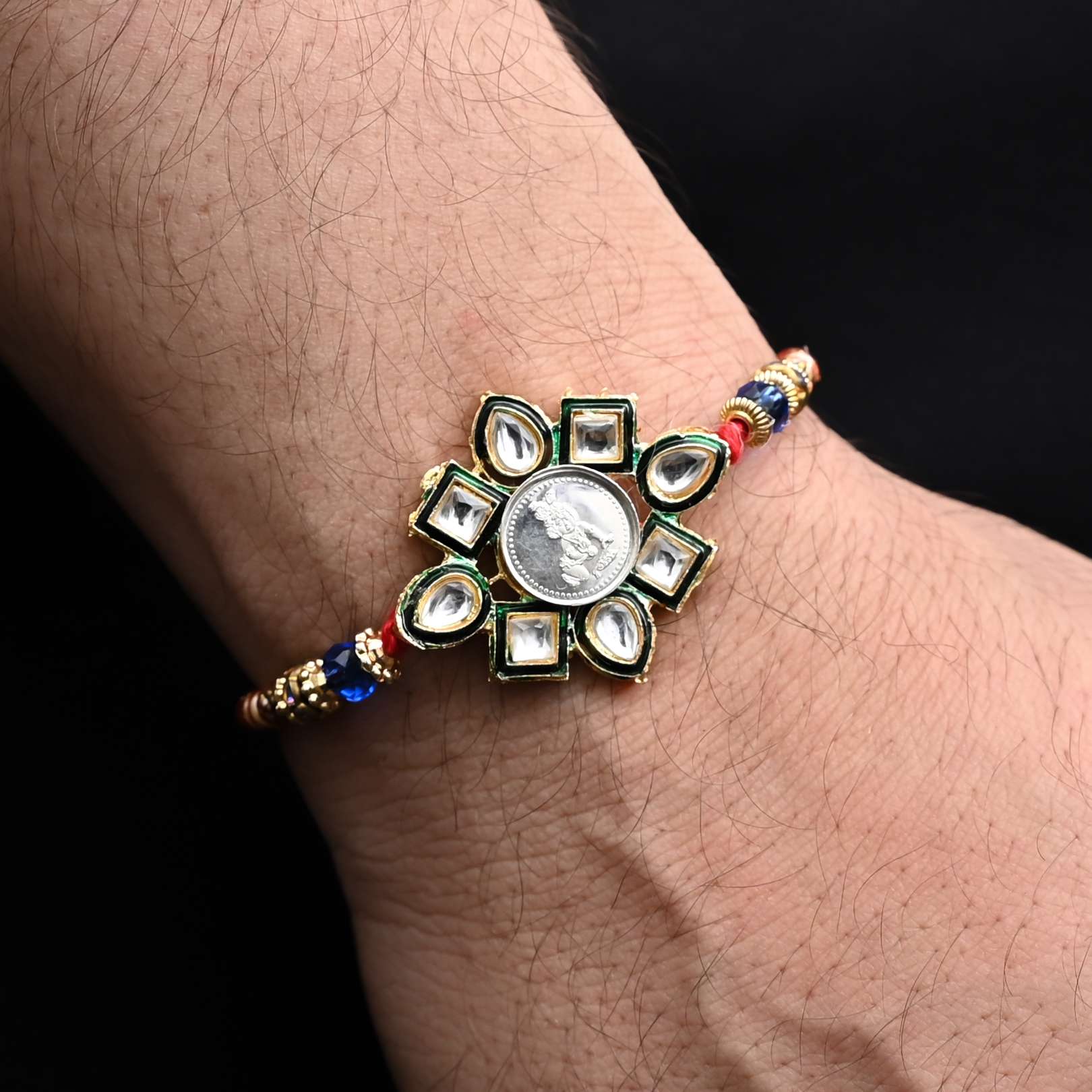 Silver Center Baal Gopal Flower Design with Multi Color Beads Rakhi for Boys - Image 3