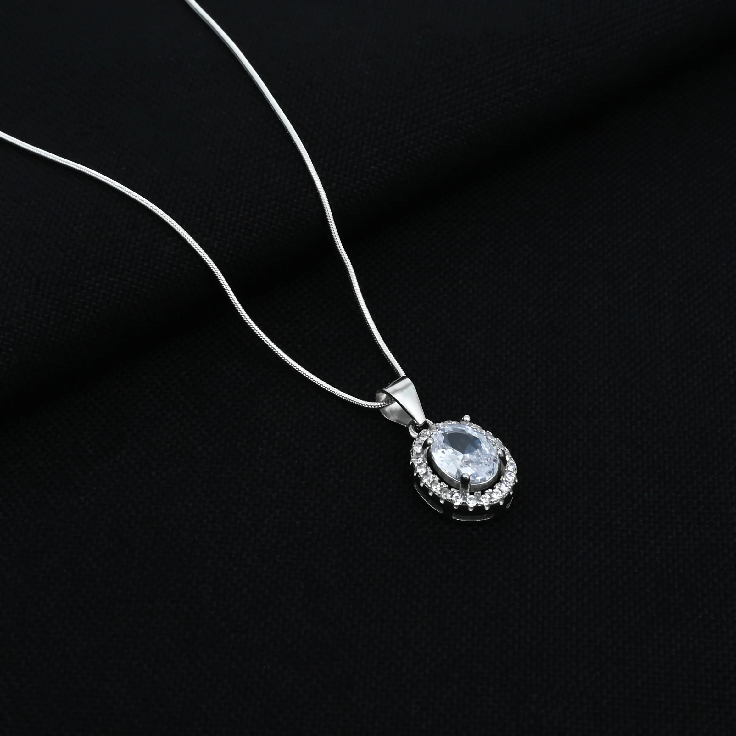 Silver Center CZ Oval Design Gem Stone Chain Pendant for Girls - Image 3