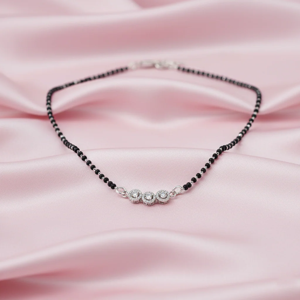 Silver Center CZ Stone Three Circle Design Mangalsutra for Girls - Image 3