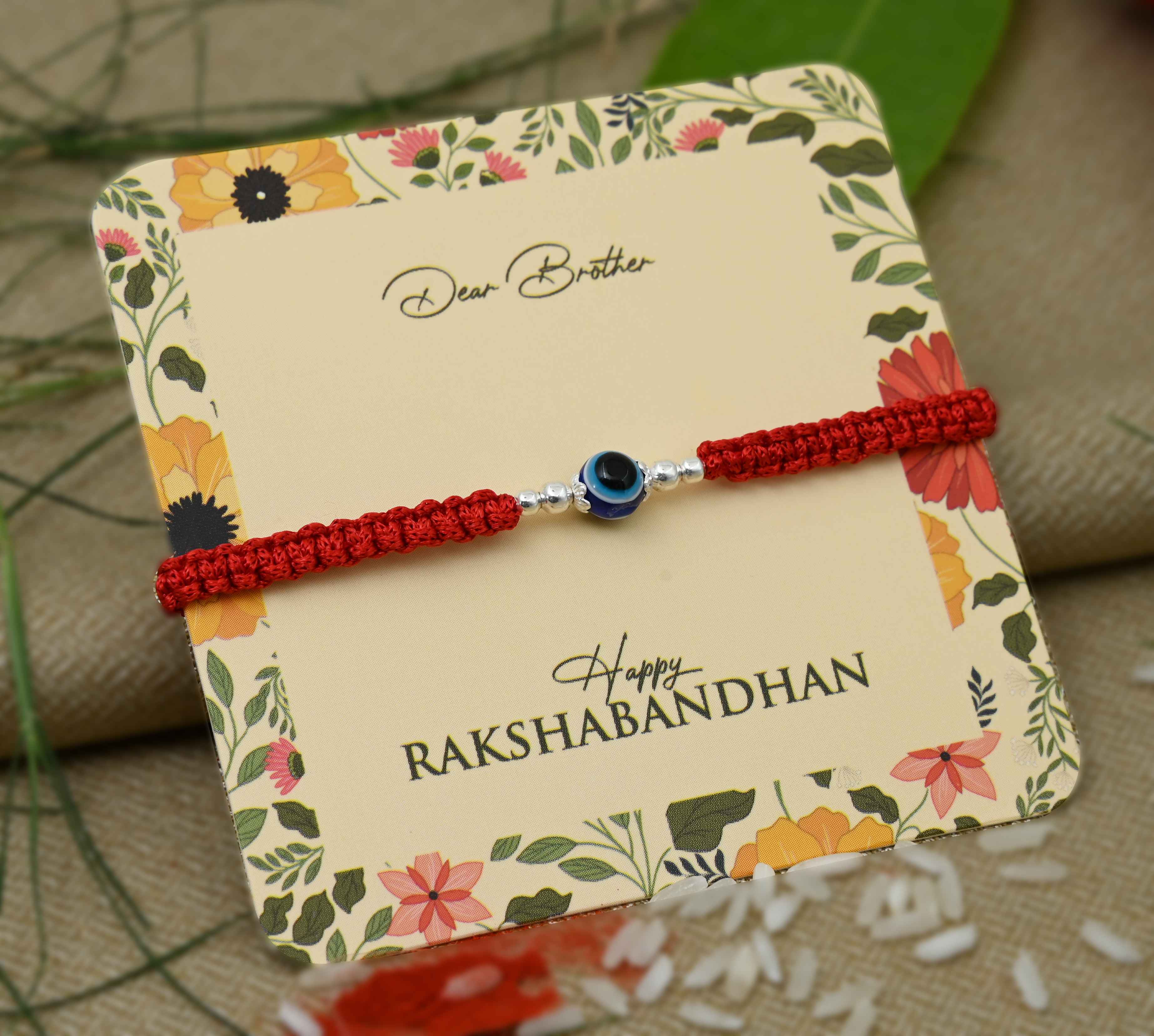 Silver Center Evil Eye with Silver Beads Rakhi for Boys